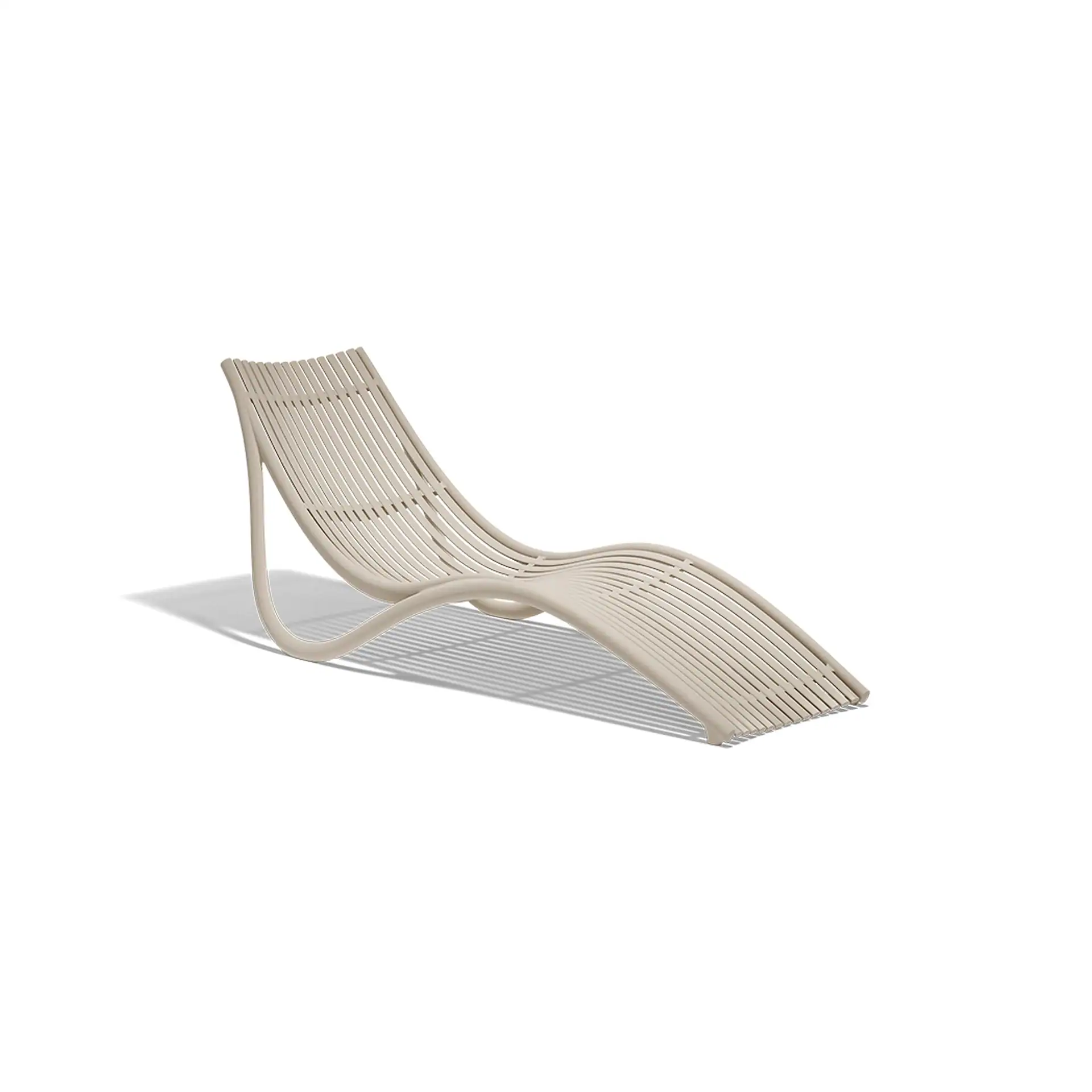 A light beige, curved lounge chair with a slatted design on a white background, casting a striped shadow.