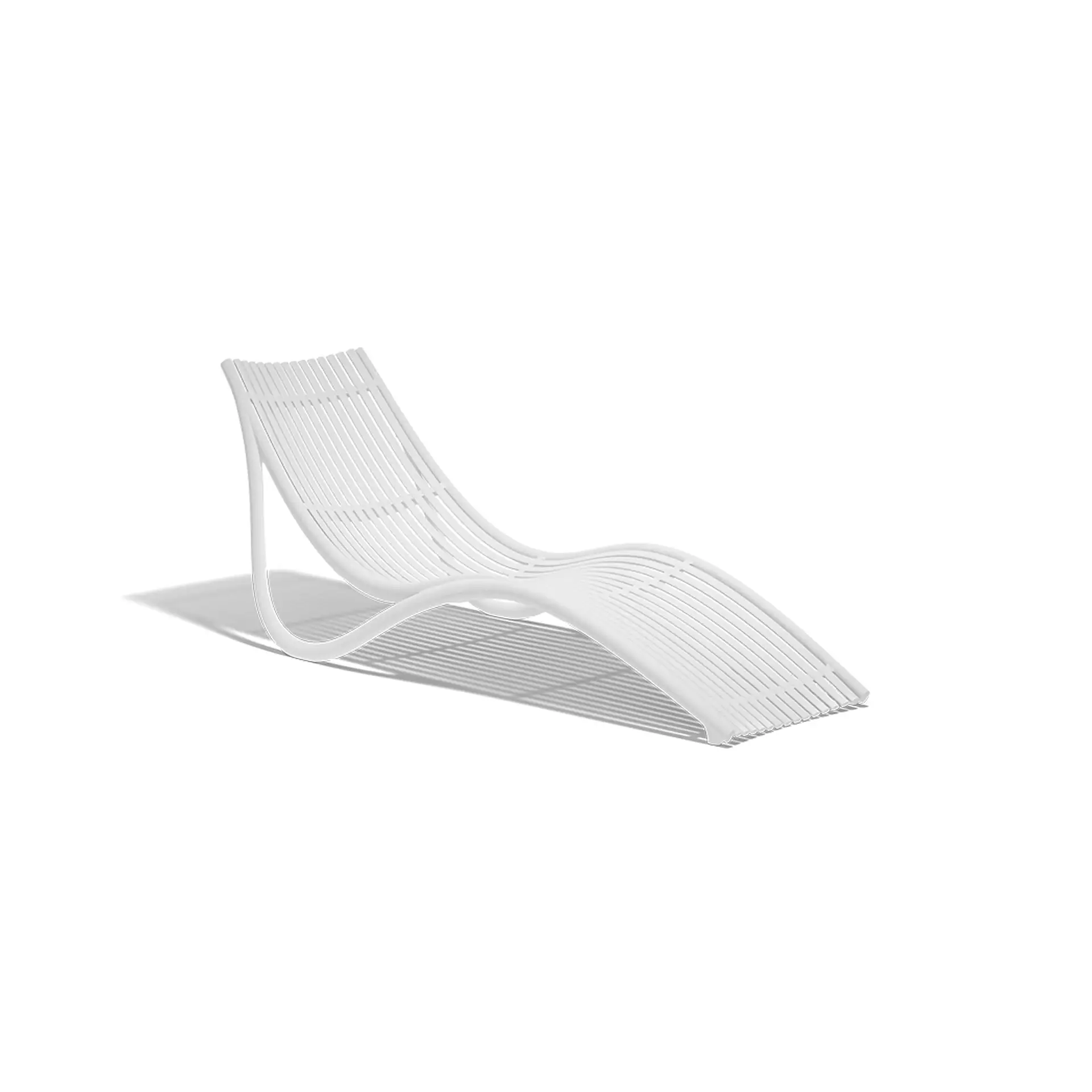 A white, slatted chaise lounge with a curved frame sits on a white background, casting a shadow.
