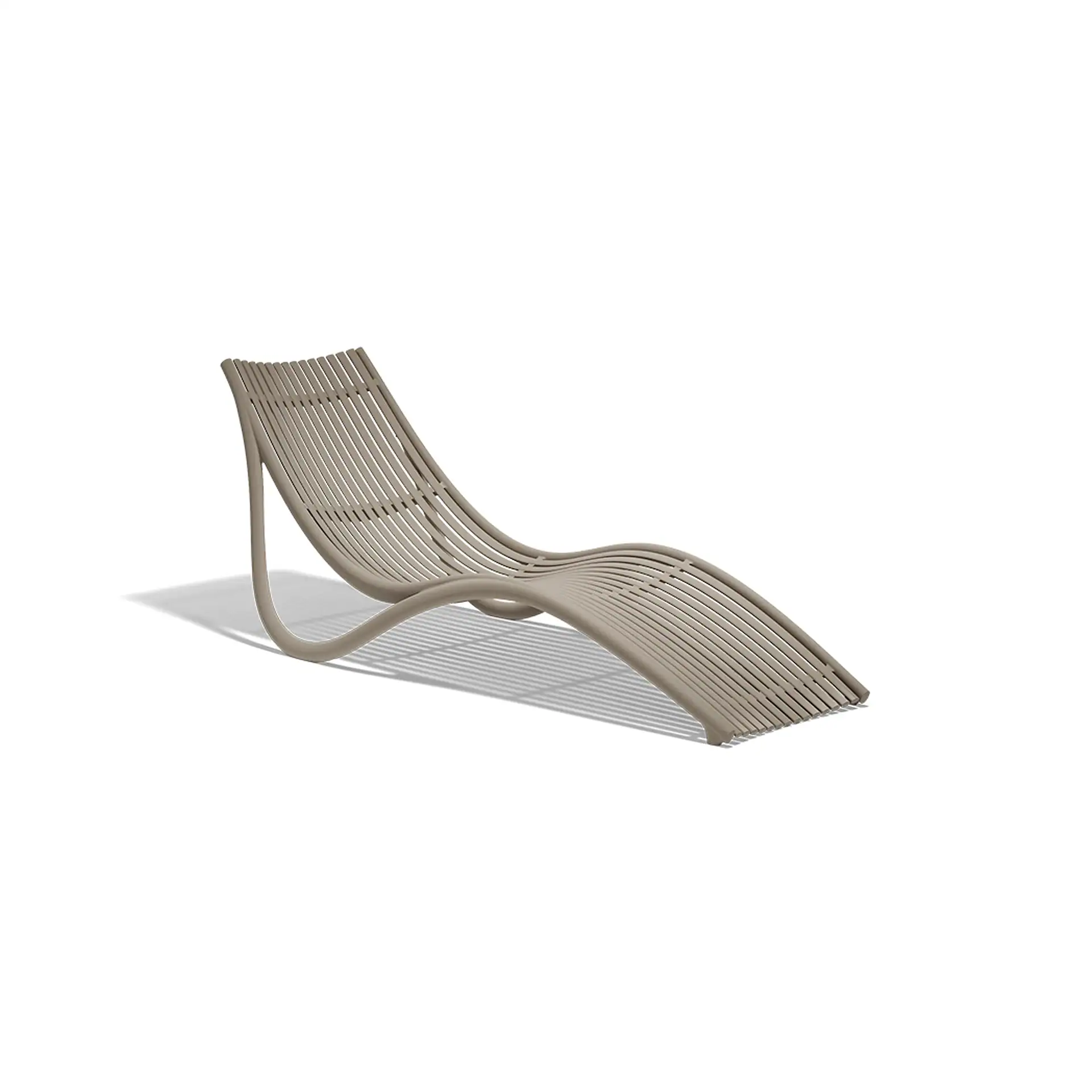 A light brown, slatted chaise lounge with a curved, wave-like design on a white background.