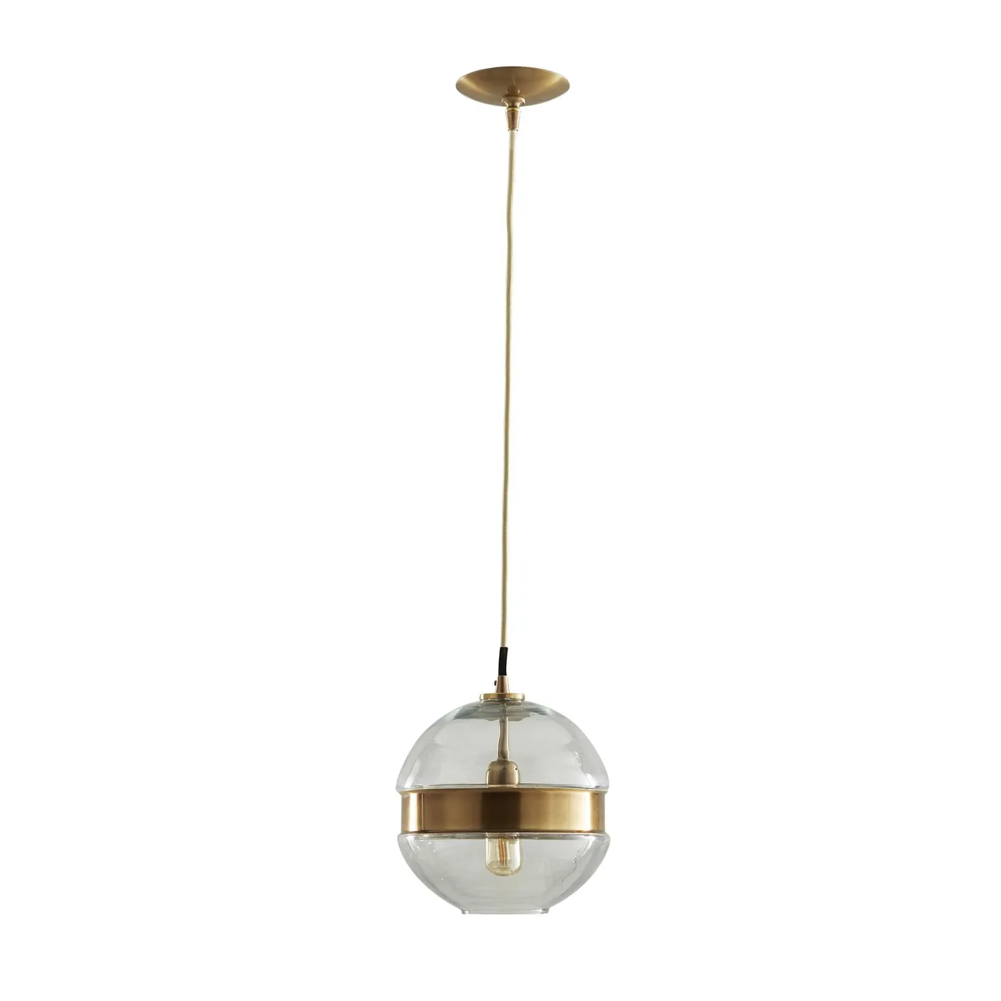 A modern pendant light with a clear glass globe shade, a horizontal brass band, and an exposed filament bulb, hanging from a brass-toned cord and canopy against a white background.