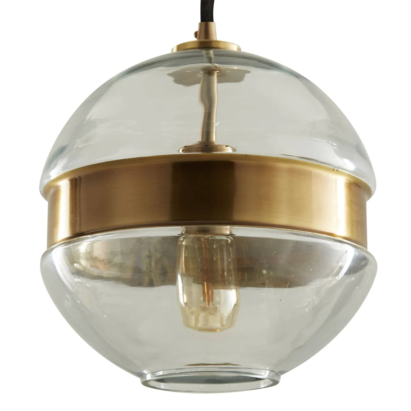 A modern pendant light with a clear glass globe and a brushed brass band, containing an Edison-style light bulb.