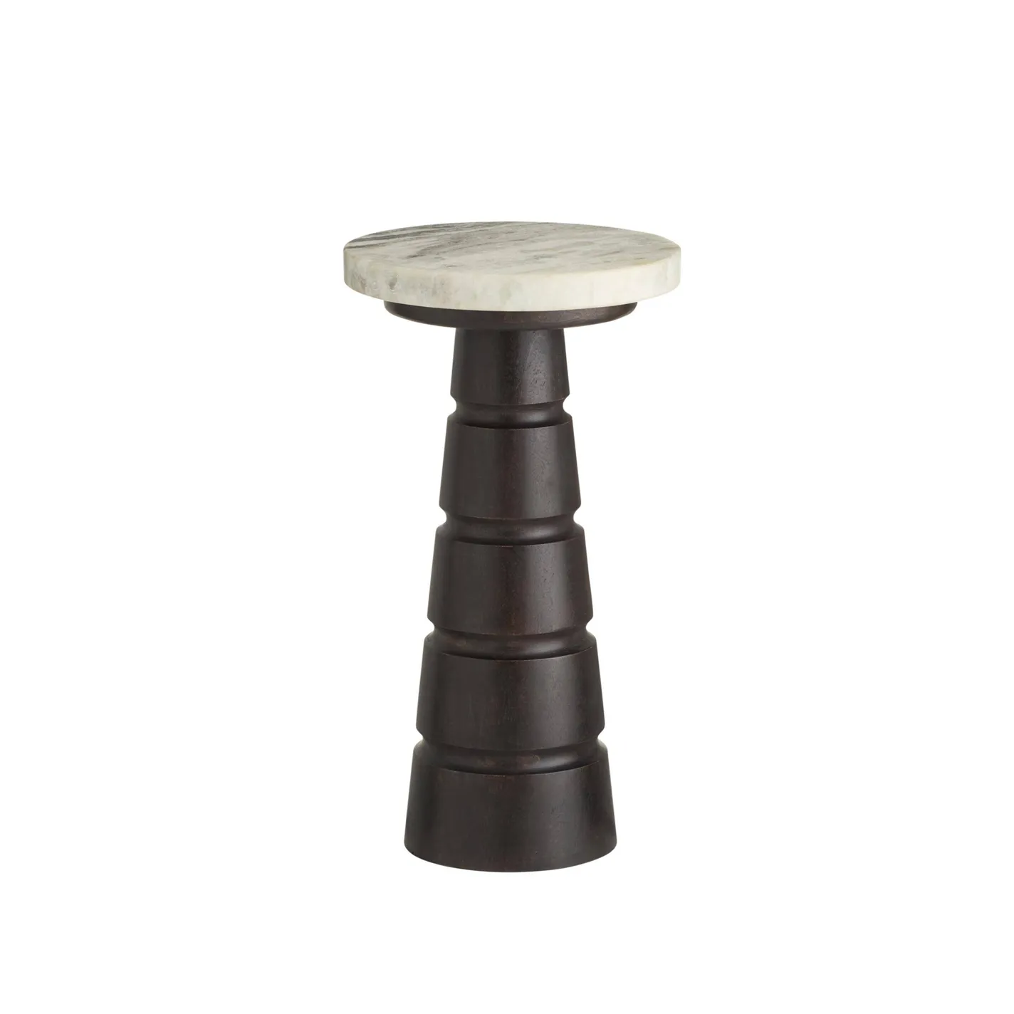A small, round pedestal table with a white marble top and a dark brown, segmented wooden base, set against a white background.