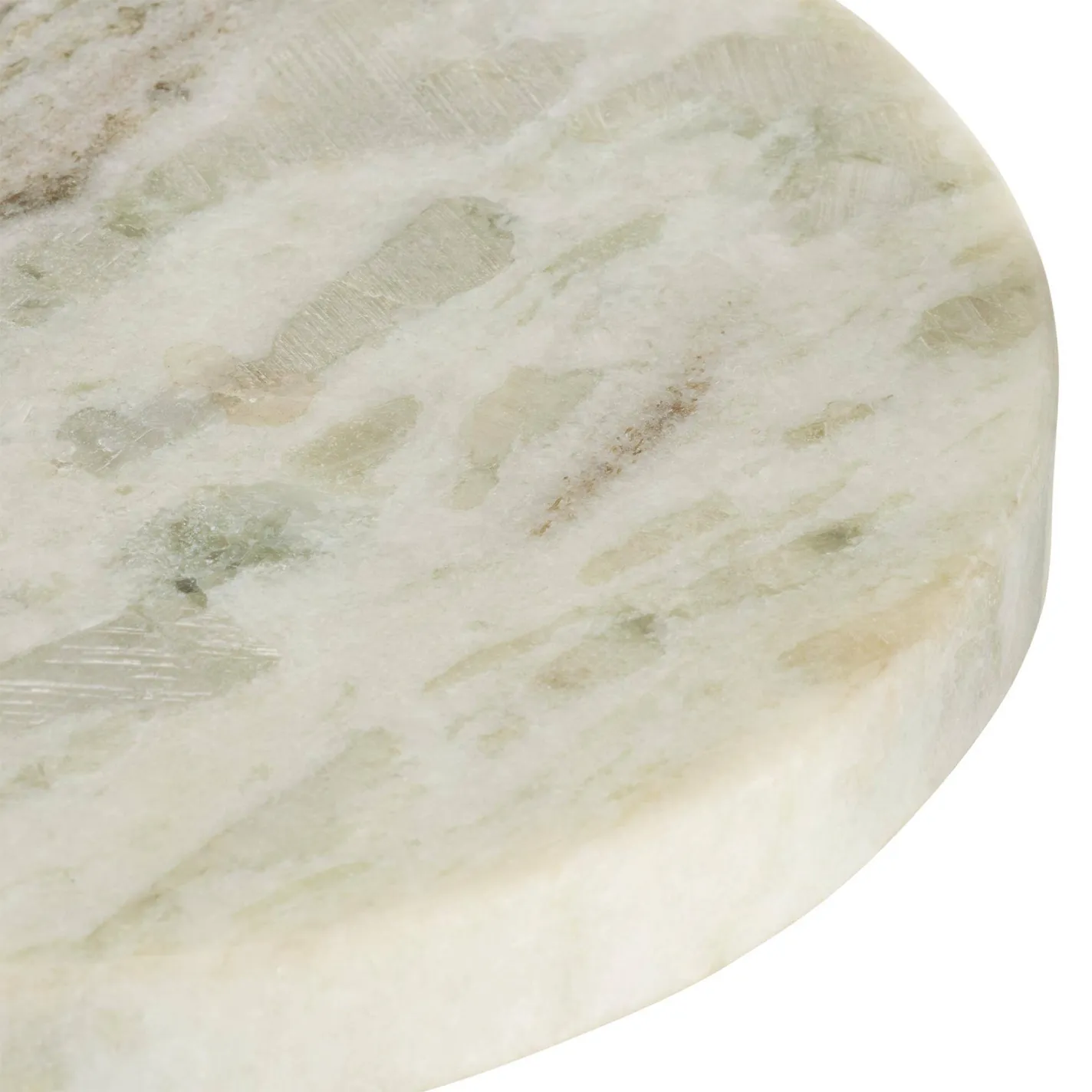 Close-up of a polished, rounded marble surface with off-white, sage green, and light brown veining.