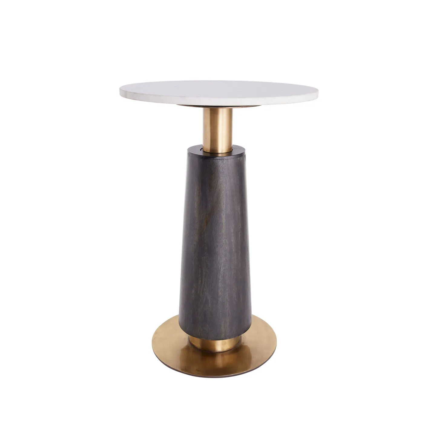 A modern side table with a white circular top, a dark wood tapered pedestal, and brass accents, on a white background.
