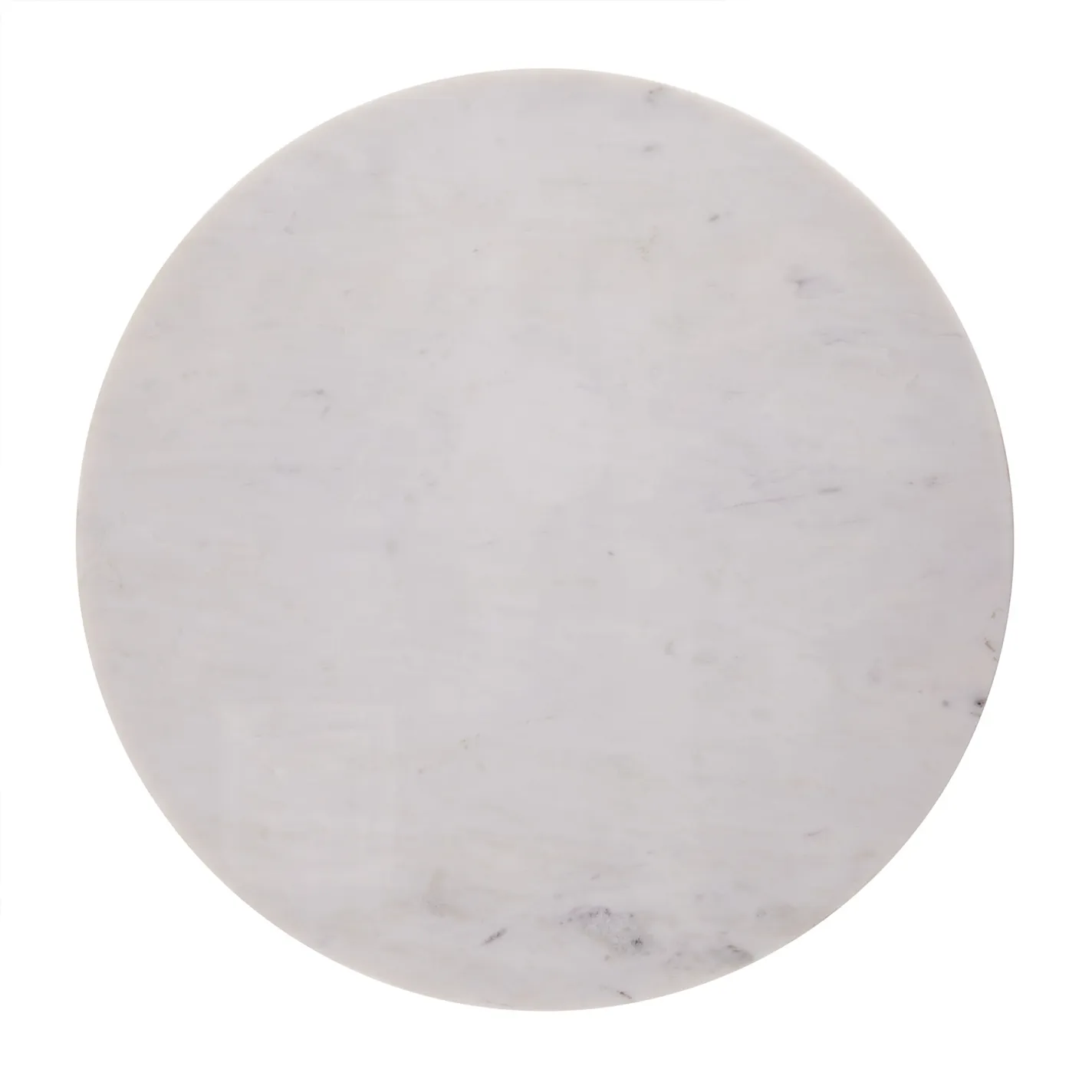A perfectly circular white marble slab with subtle gray veining, isolated on a white background.