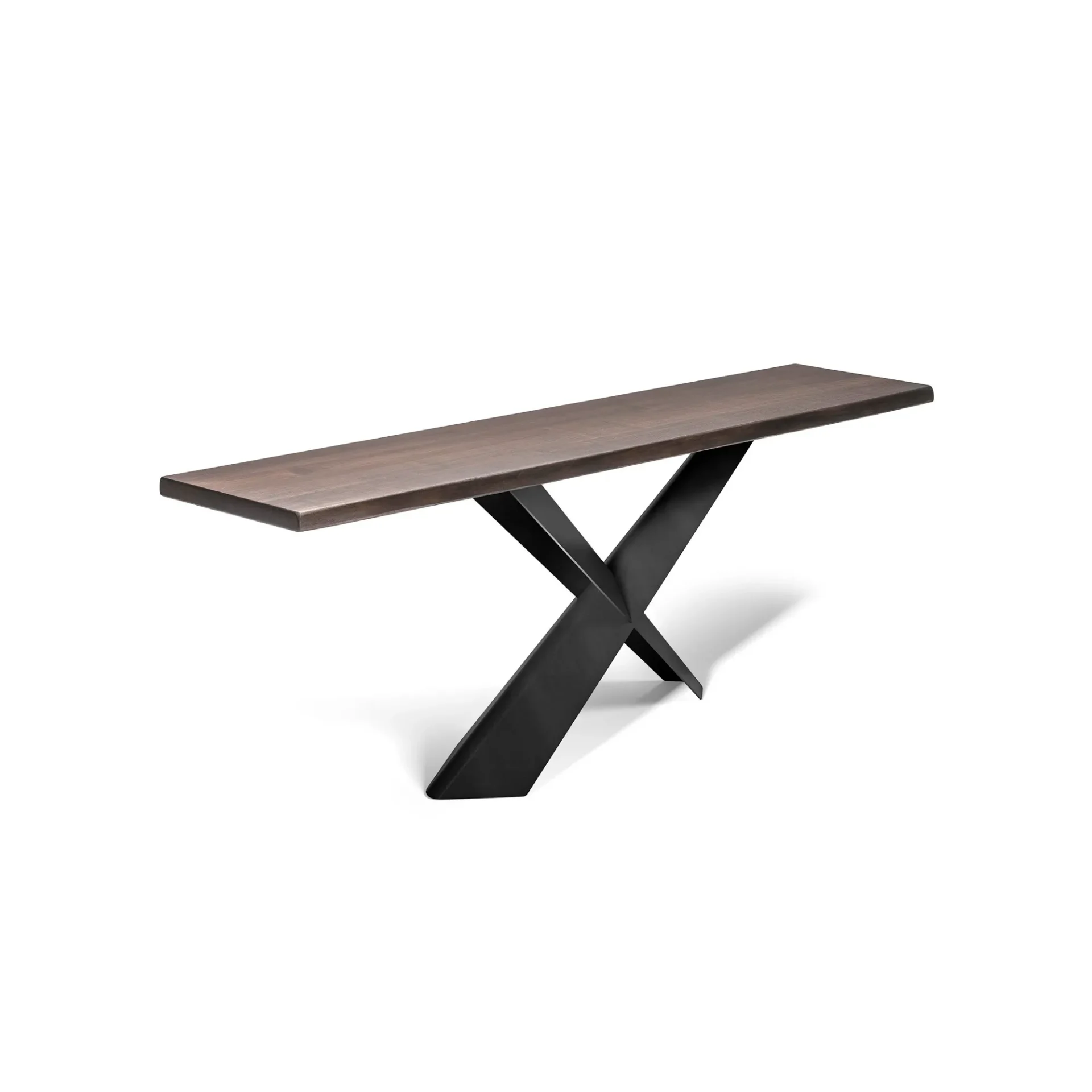 A modern console table with a dark brown wooden top and a black X-shaped metal base, set against a white background.