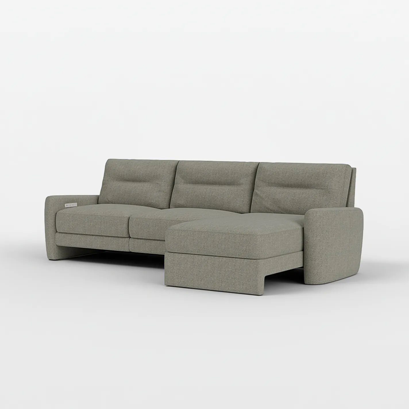 Light grey modern sectional sofa with a right-side chaise lounge and a control panel on the left armrest, against a white background.