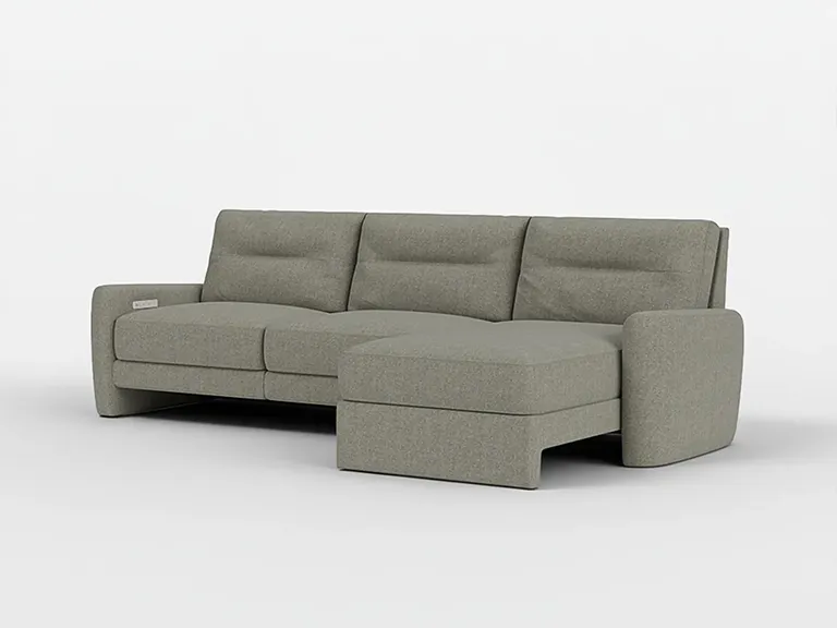A modern, light greenish-gray fabric sectional sofa with a chaise lounge on the right, against a white background.