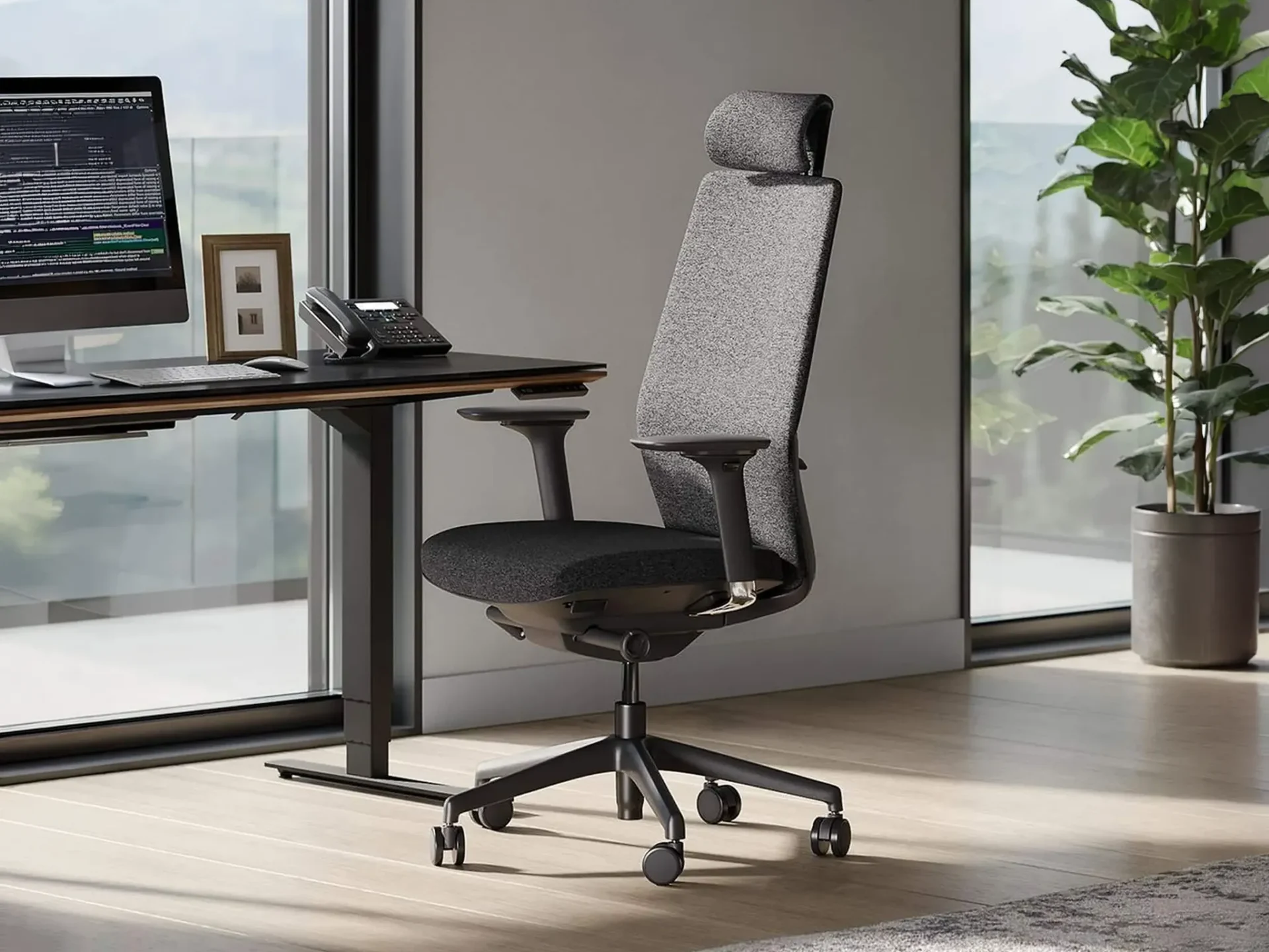An ergonomic office chair with gray back and black seat in a modern office setup with a standing desk, computer, and potted plant.