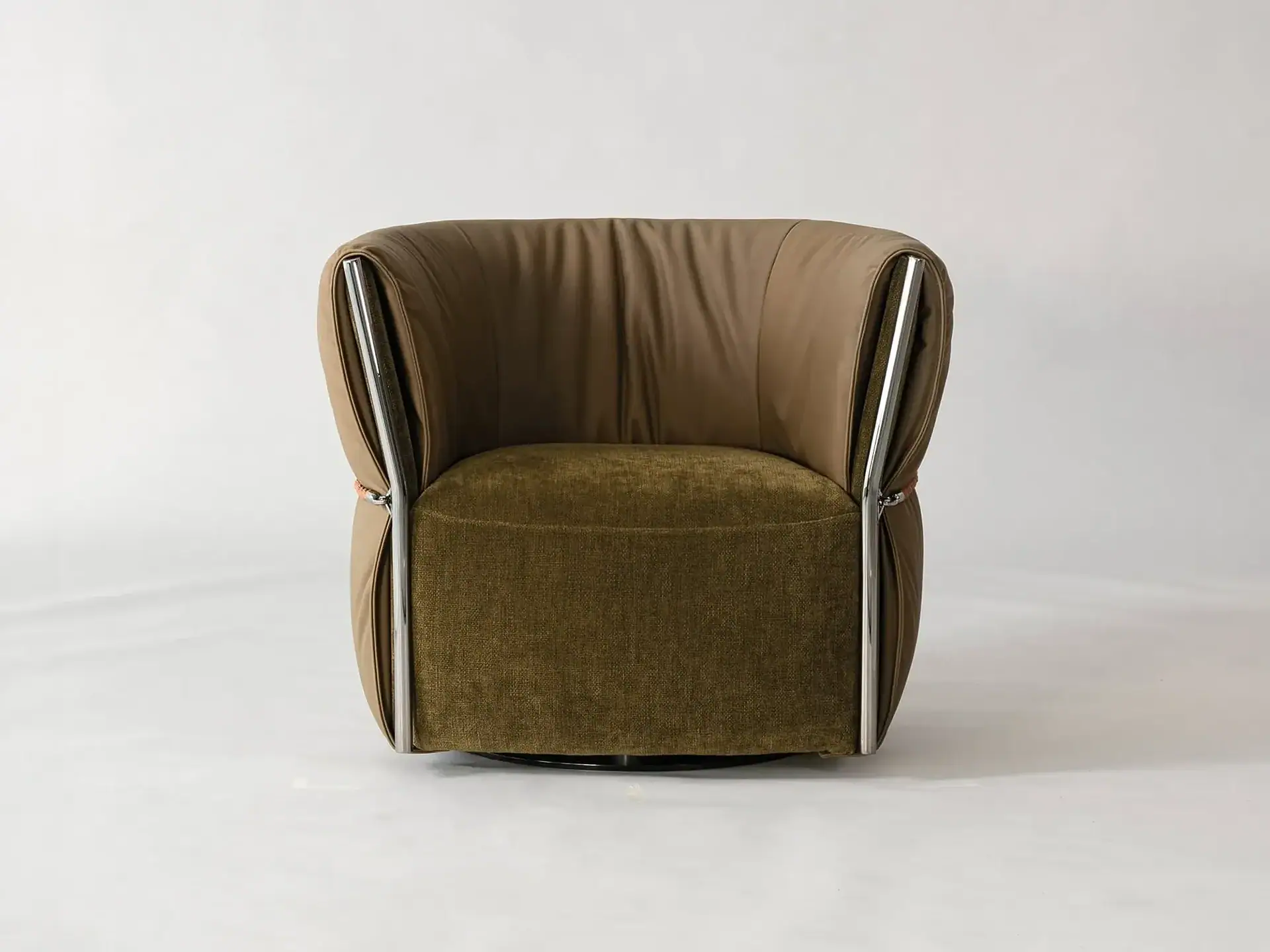 Swivel armchair with belt detail and modern design. Perfect for contemporary living spaces.