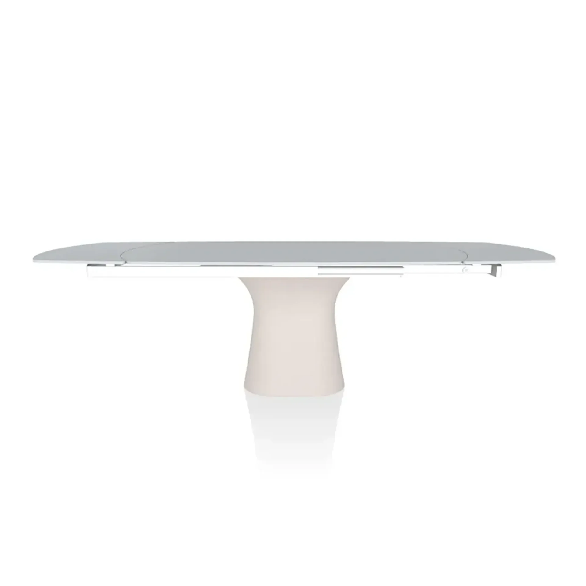 Modern extendable dining table with a light gray top and an off-white curved pedestal base on a white background.