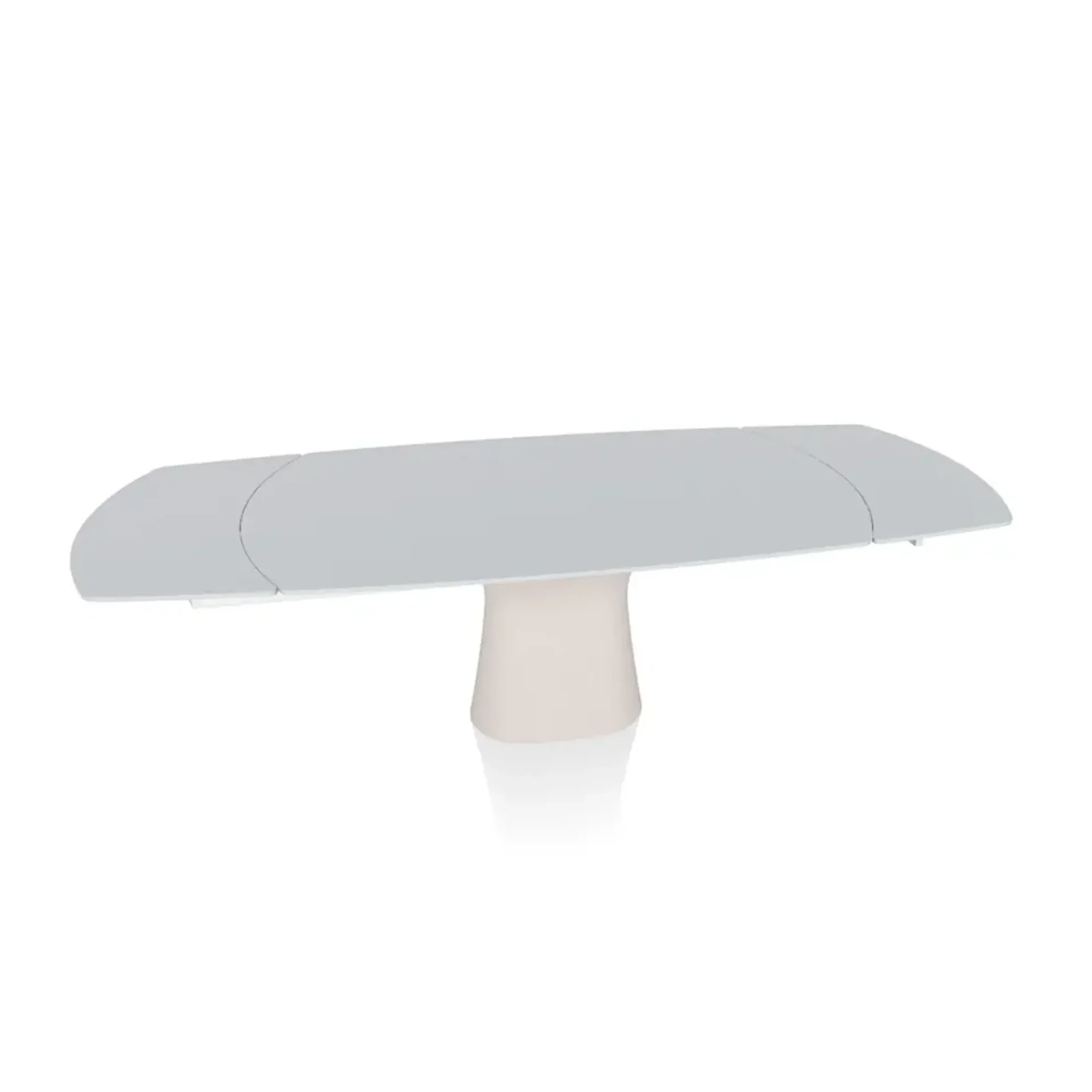 An elongated light gray dining table with rounded ends and a light beige pedestal base on a white background.