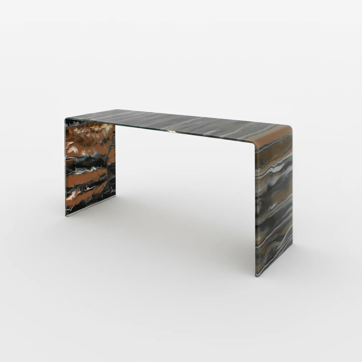 A modern console table with a marbled pattern in black, white, and bronze, set against a white background.