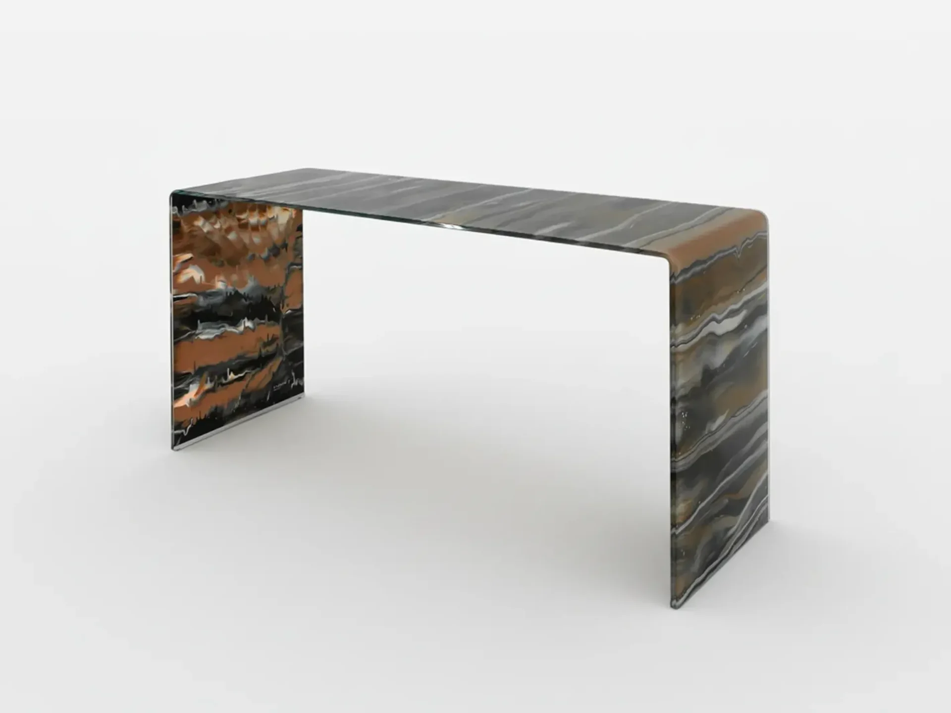 A modern C-shaped console table with a marbled pattern in black, copper, and white against a white background.