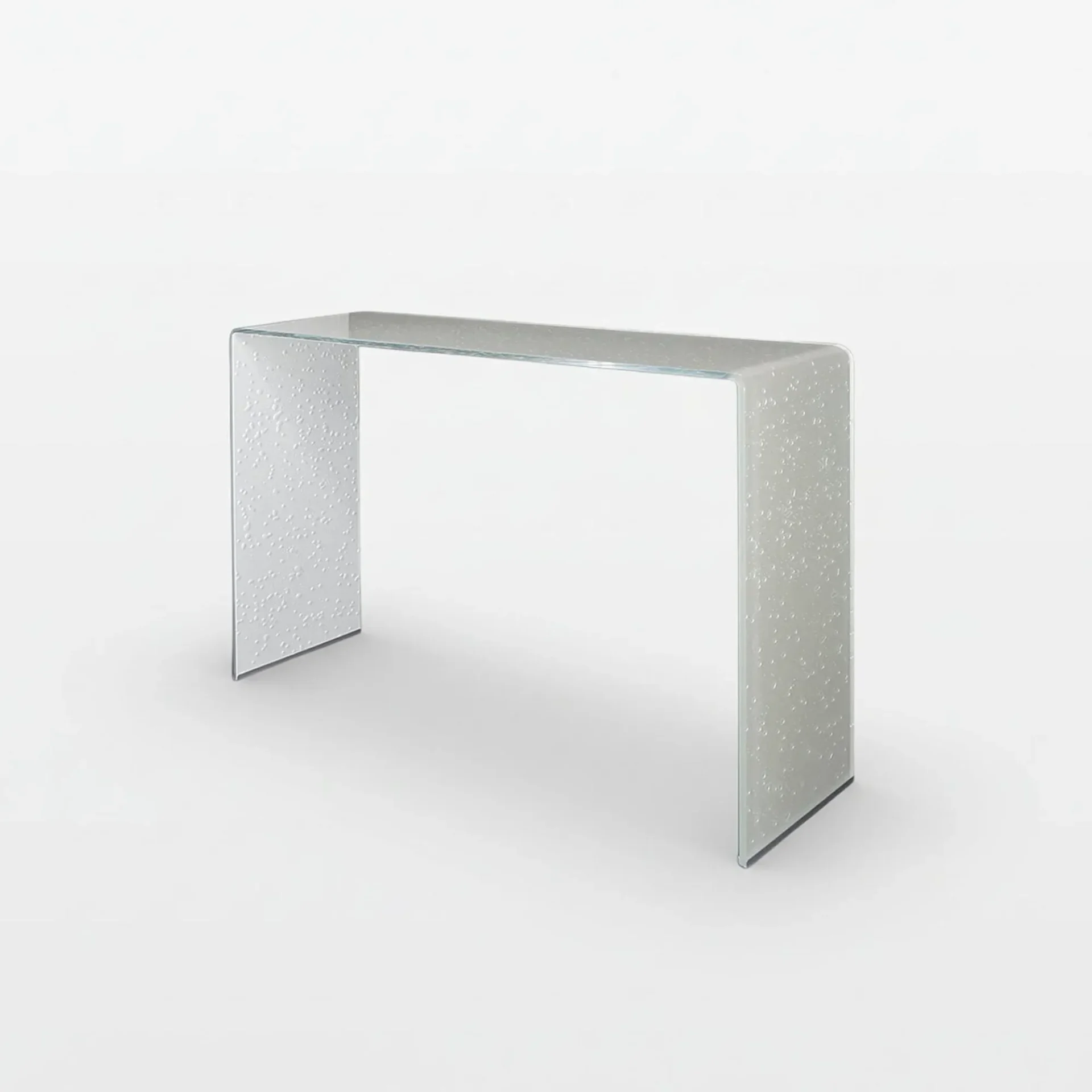 A clear glass console table with a textured bubble pattern, shown against a white background.