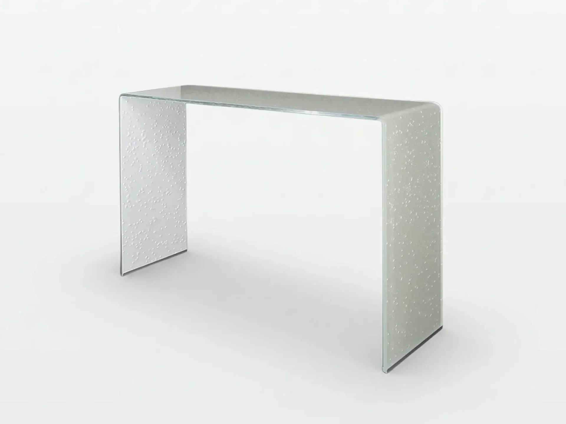 A clear glass console table with a rectangular top and two legs forming a 'U' shape. The glass has a textured, bubbly pattern.