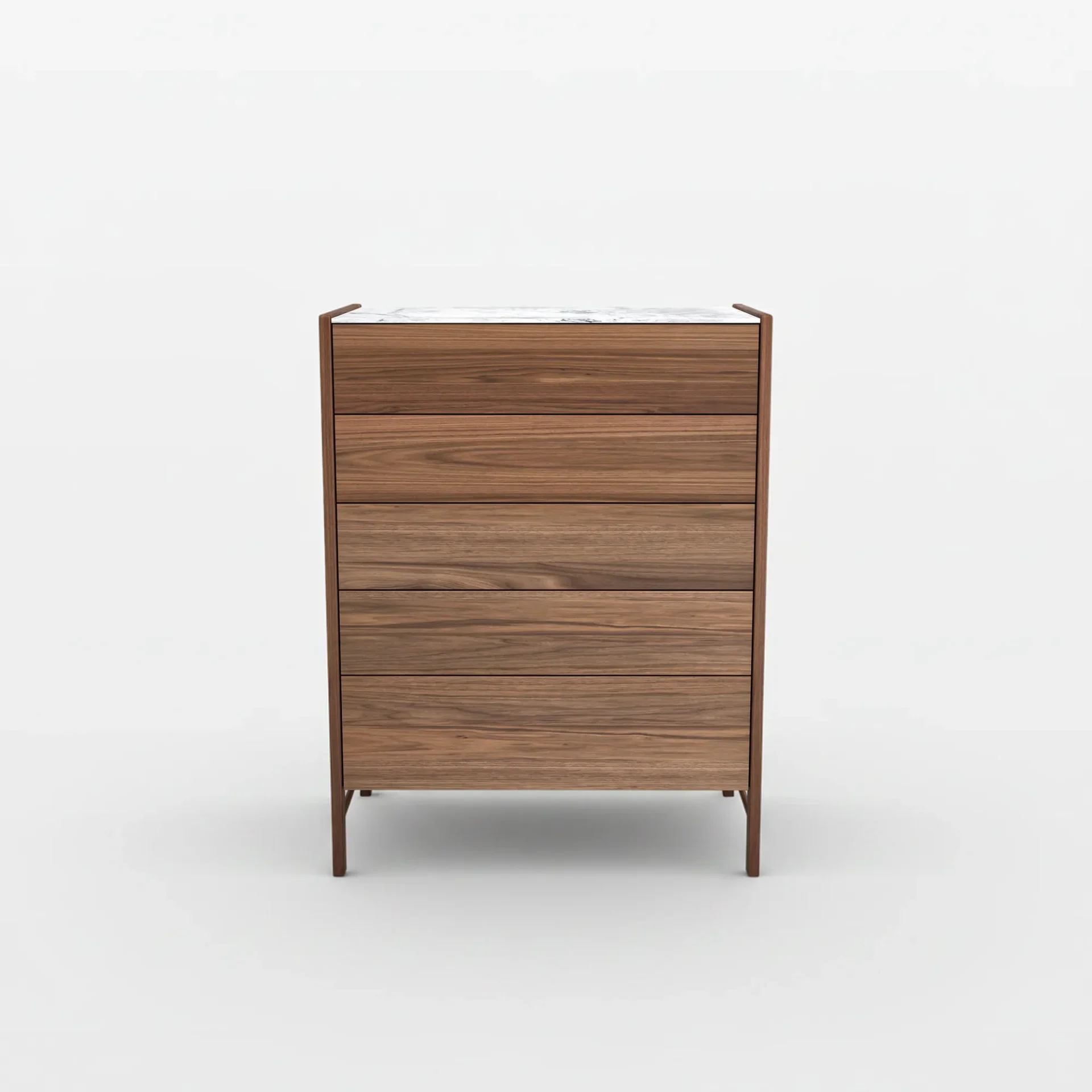 A modern five-drawer wooden dresser with a white marble top and dark metal frame on a white background.