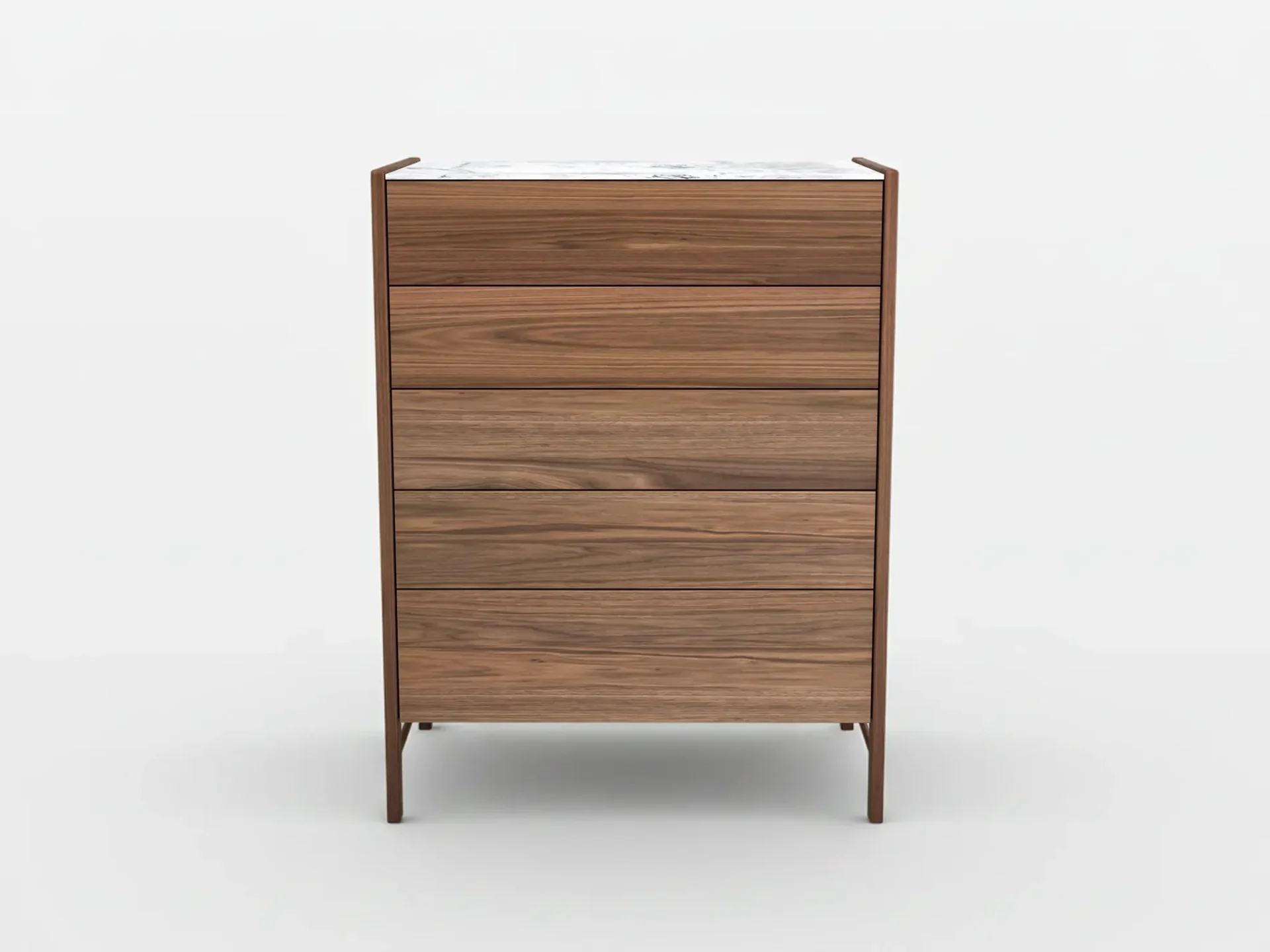 A modern five-drawer wooden dresser with a white marble top and slender dark metal frame, set against a white background.