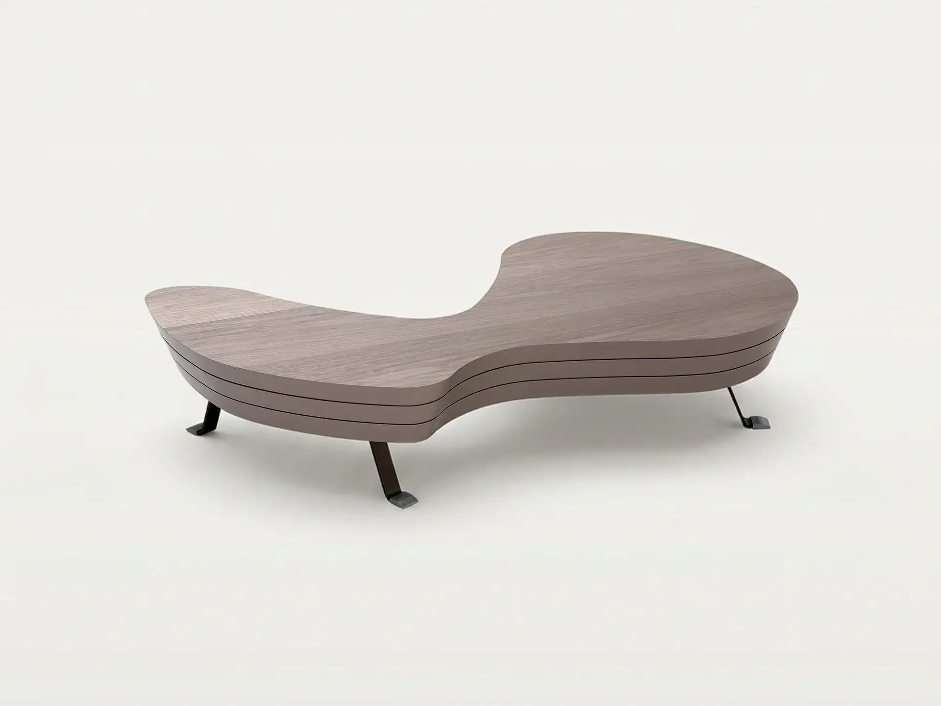 Modern sculptural coffee table with curved wooden design and sleek metal legs.