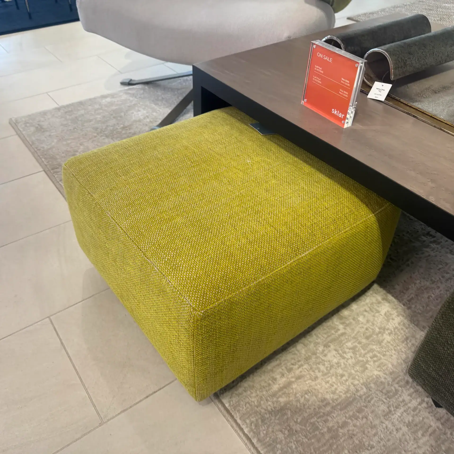 Modern green fabric pouf from Il Loft Dilmos collection at Sklar Furnishings.