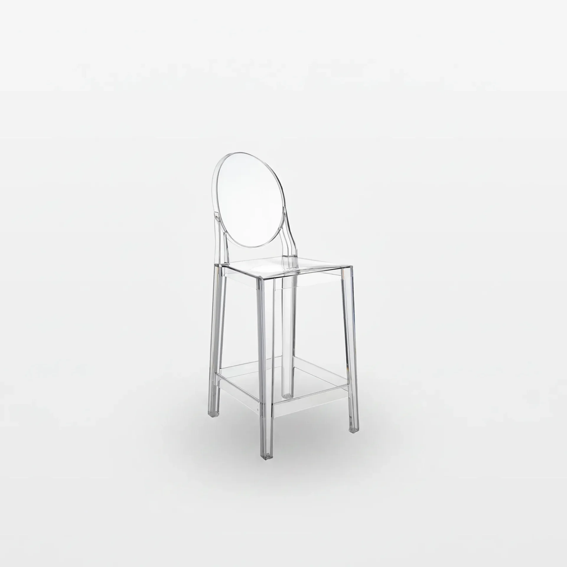 A clear, transparent acrylic bar stool with an oval backrest and square seat on a white background.