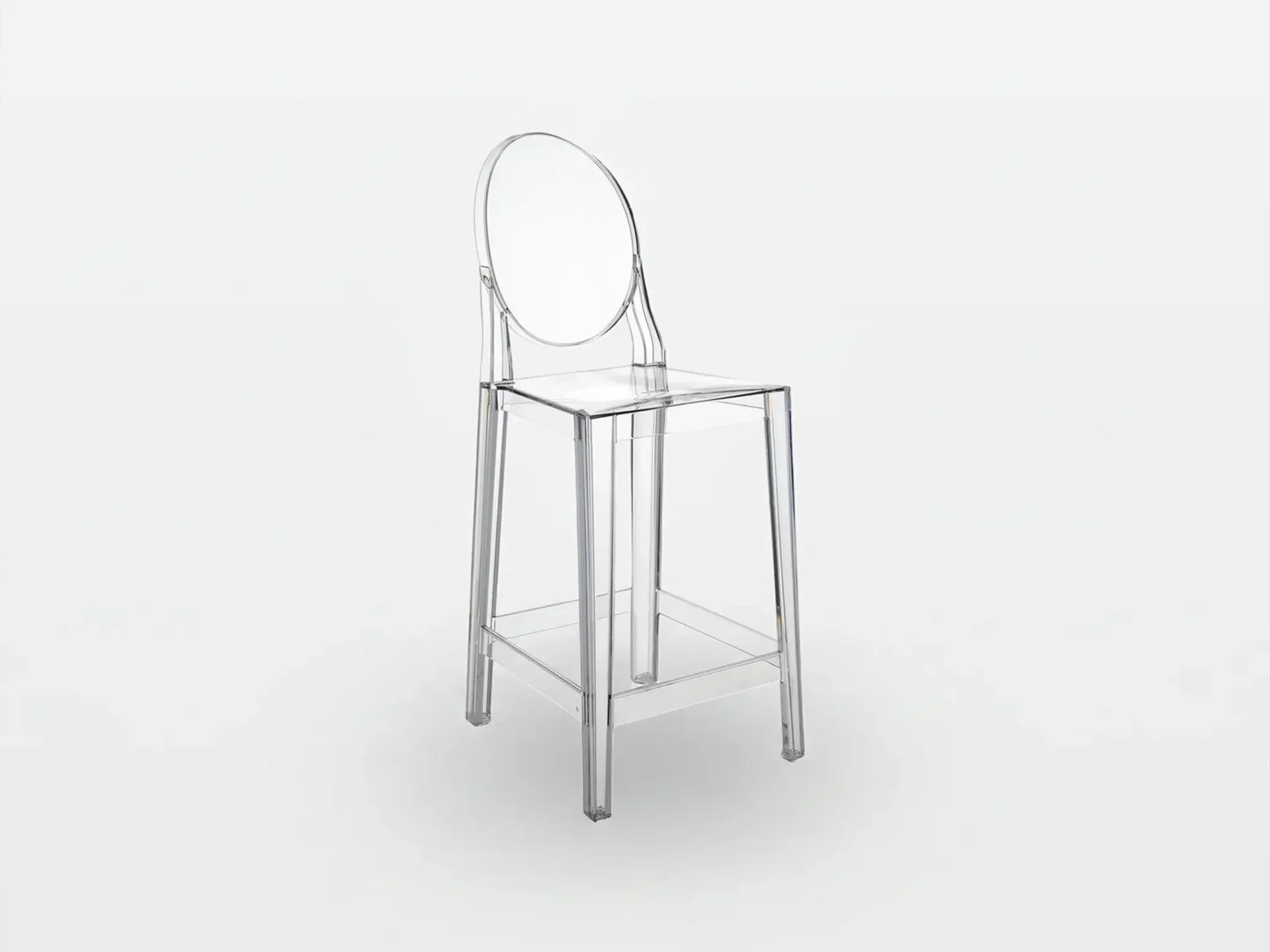 A clear, transparent acrylic bar stool with an oval backrest and square seat, set against a white background.