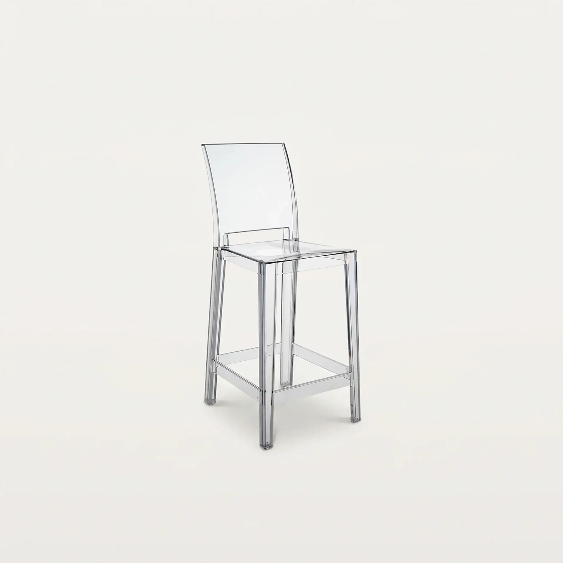 Transparent acrylic bar stool with high backrest and footrest.