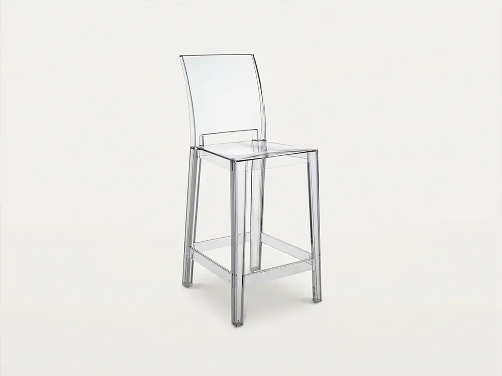 Transparent acrylic bar stool with high backrest and footrest.