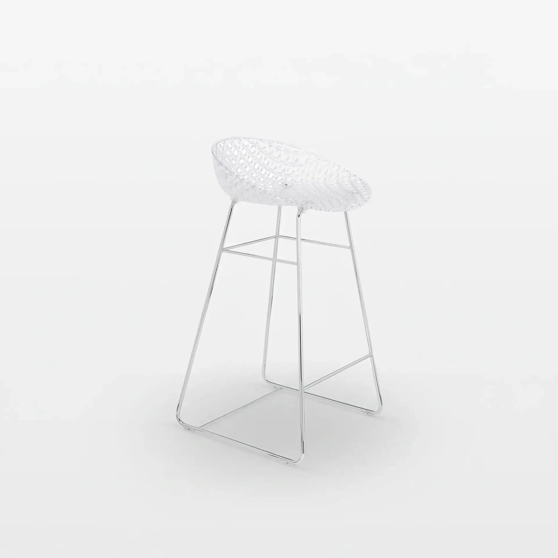 Modern Kartell Smarik barstool with a white perforated seat and sleek metal frame.