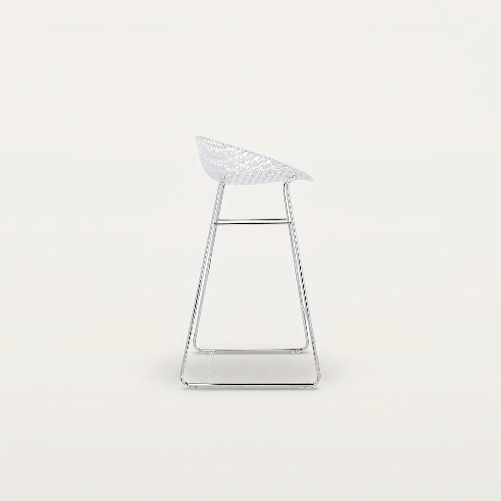 Contemporary clear acrylic barstool with metal frame on white background.