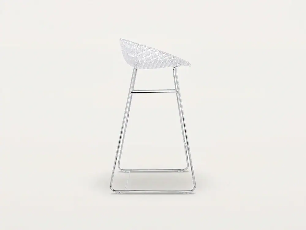 Contemporary clear acrylic barstool with geometric design for modern interiors.