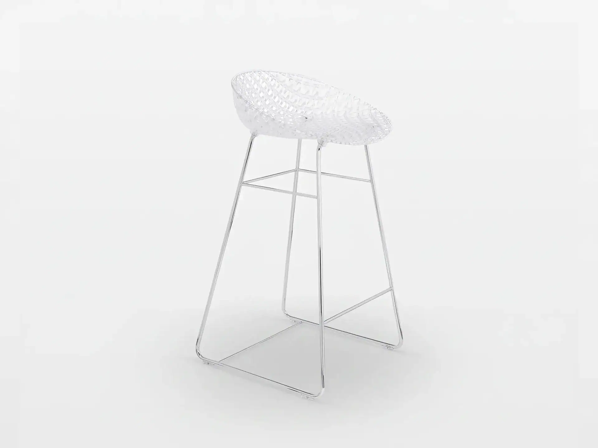 Modern Kartell Smarik barstool with perforated seat and sleek metal legs.