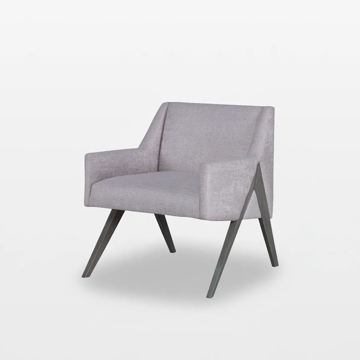 A modern light grey upholstered armchair with splayed dark grey wooden legs on a light grey background.