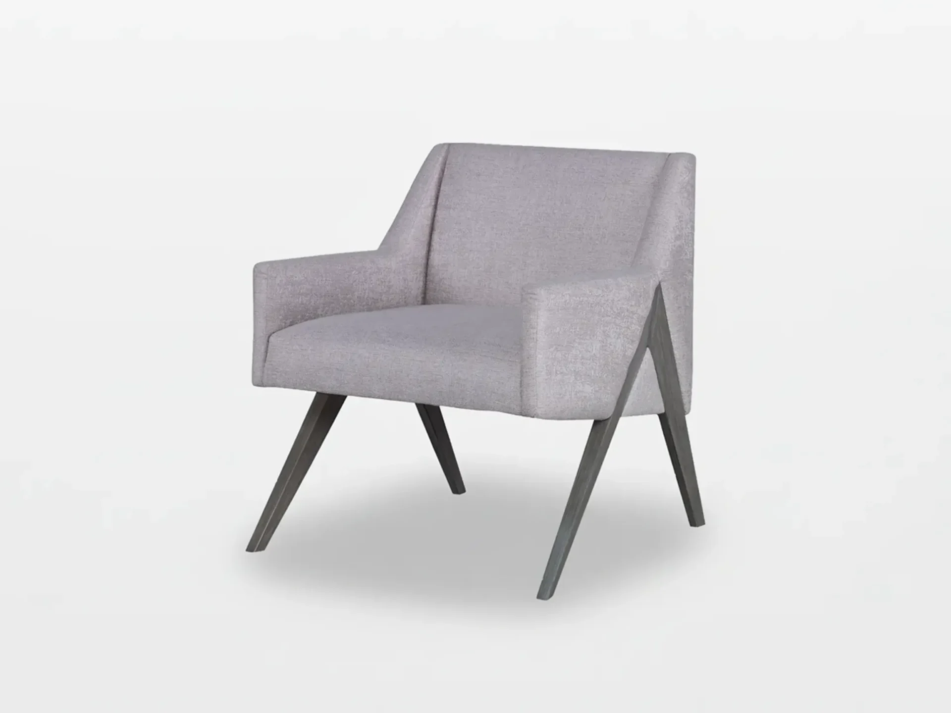 Light gray upholstered armchair with angled dark legs on a white background.