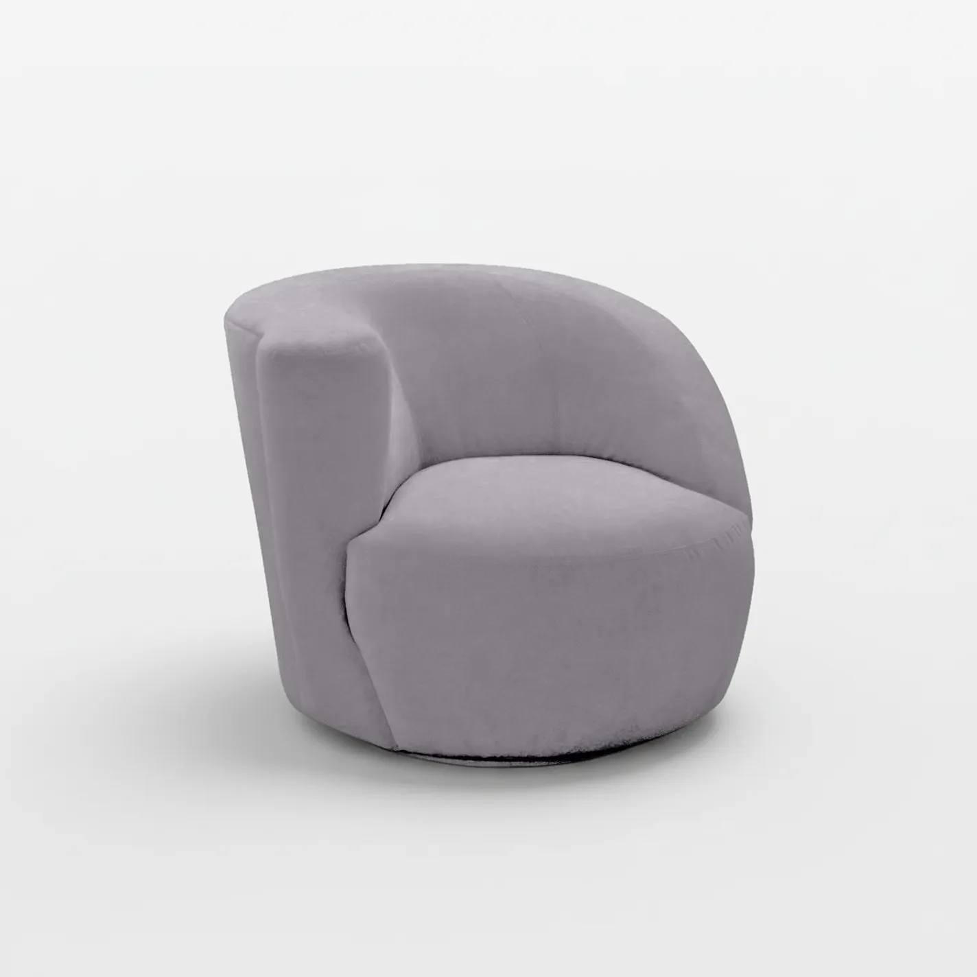 A light gray, modern barrel armchair with a curved back and integrated armrests on a white background.