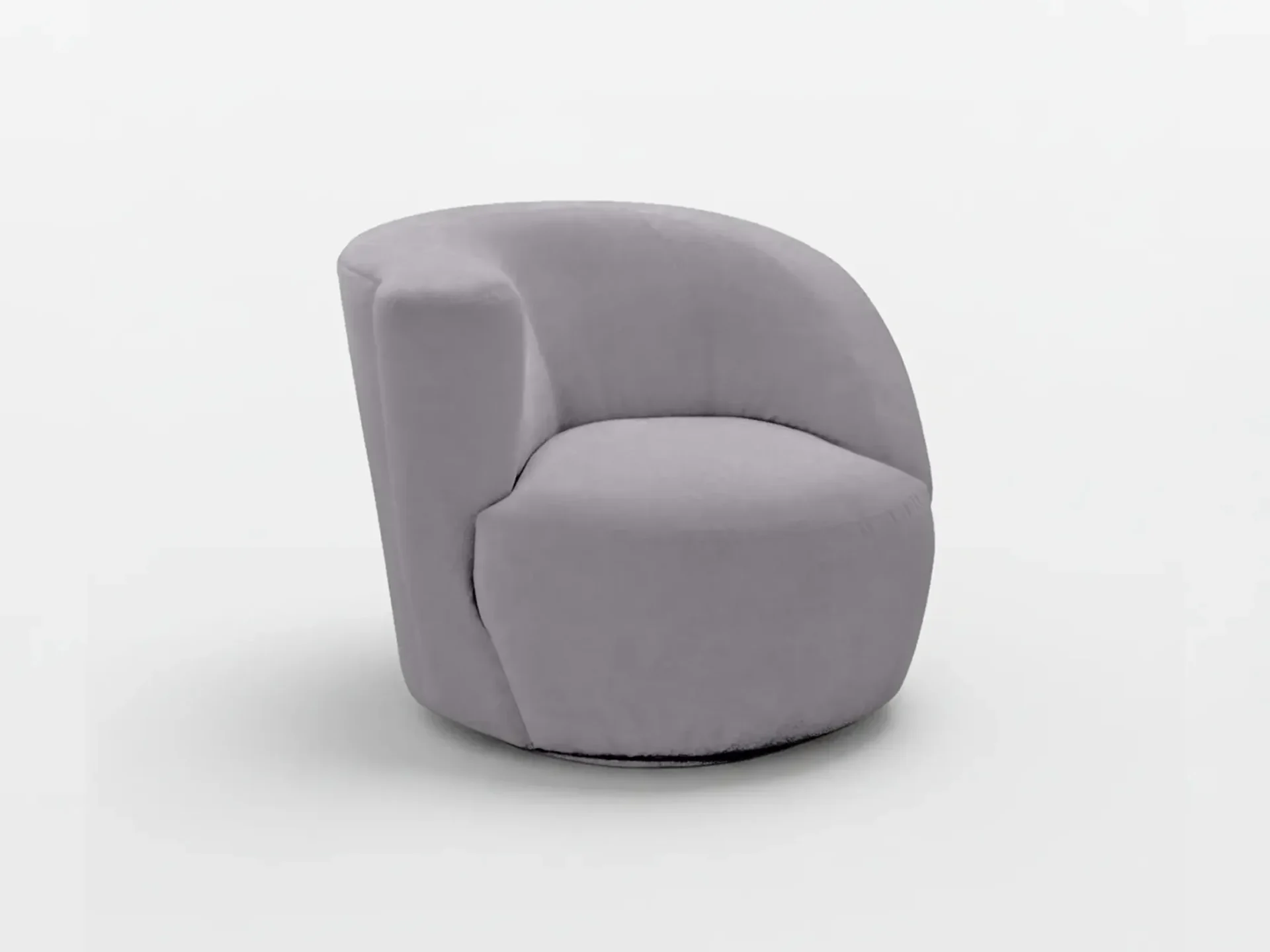A light gray, modern armchair with a curved, asymmetrical design and plush upholstery, set against a white background.