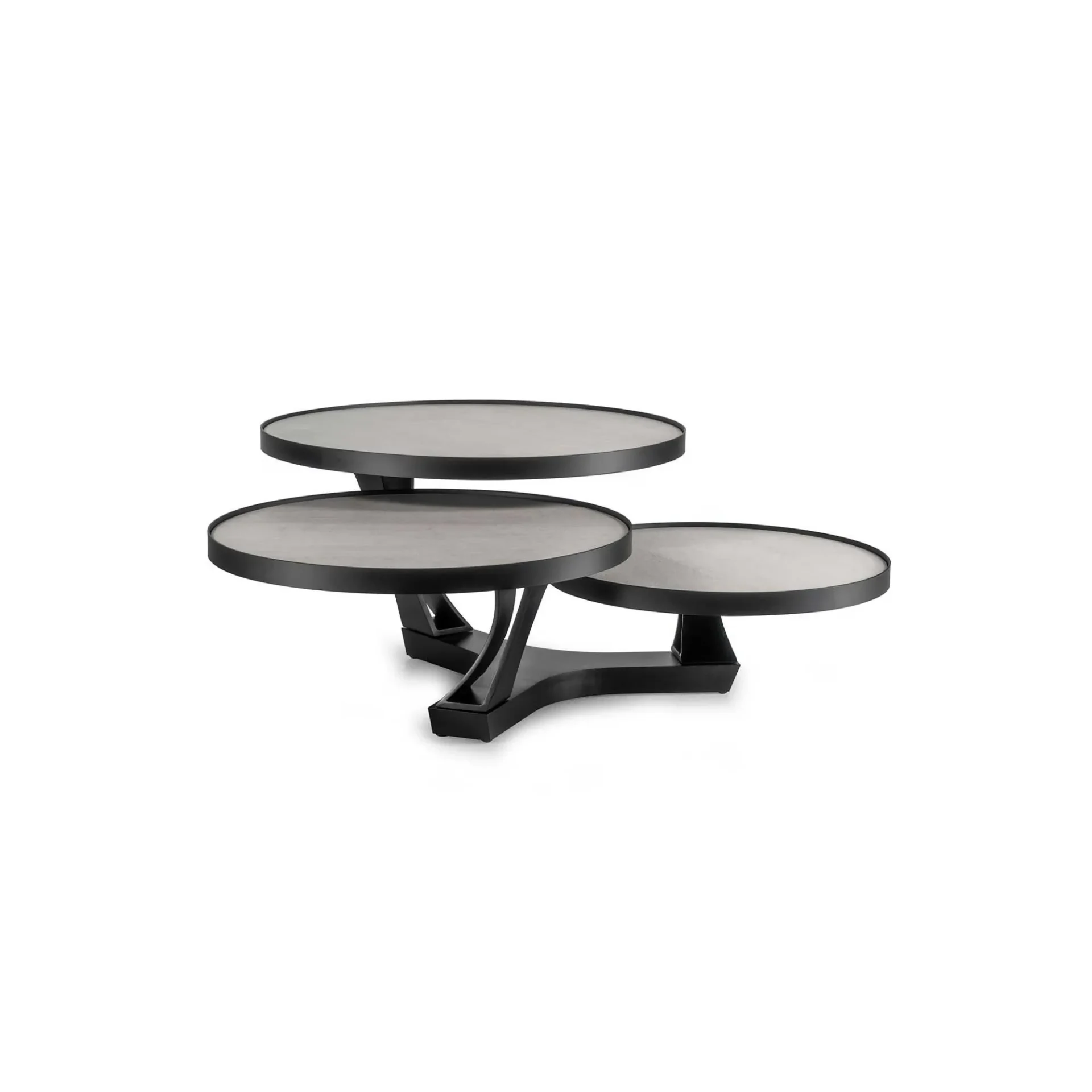 A modern three-tiered serving stand with circular gray trays and a sculptural black base.