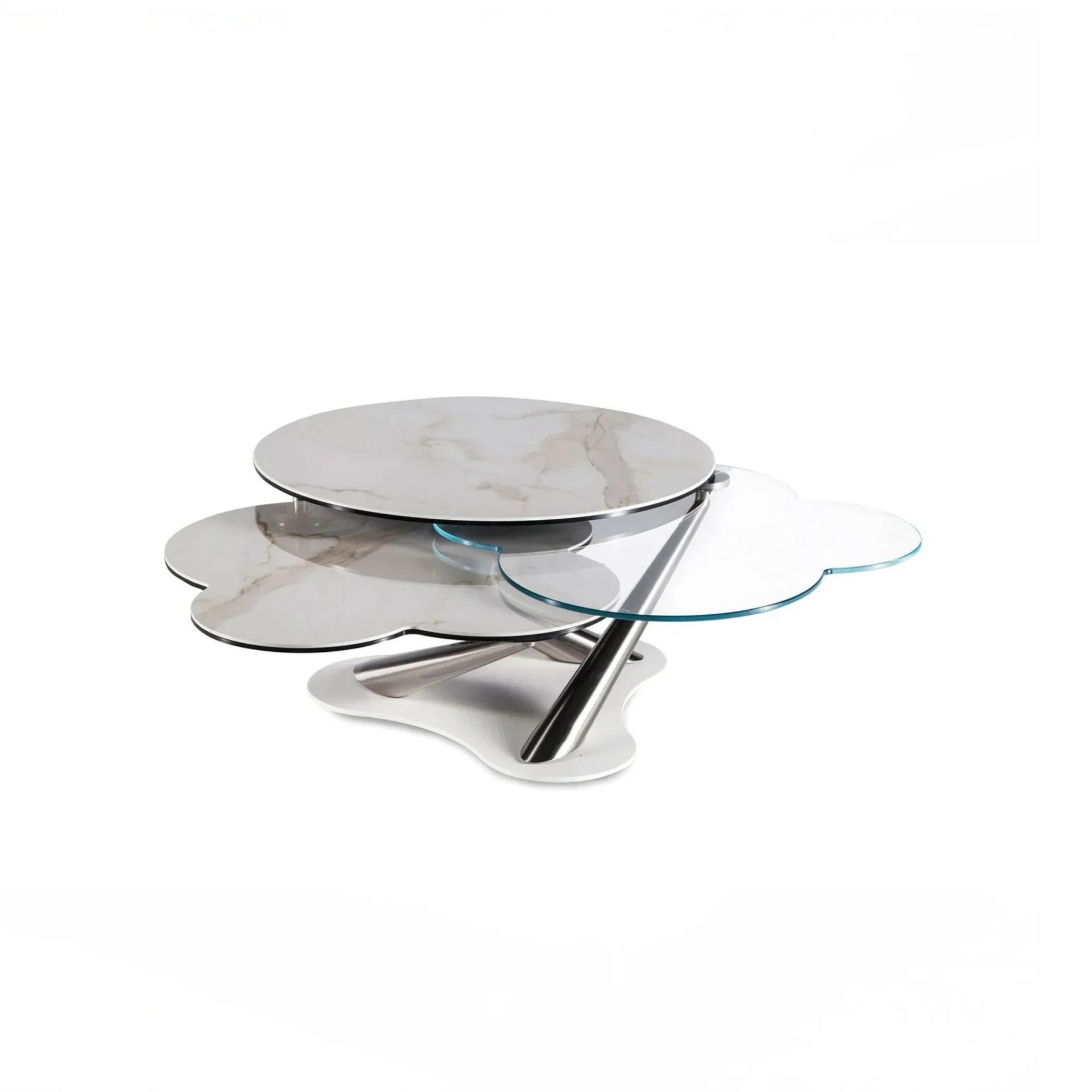 A modern multi-tiered coffee table with white marble-patterned and clear glass surfaces, supported by curved metal legs on a white base.