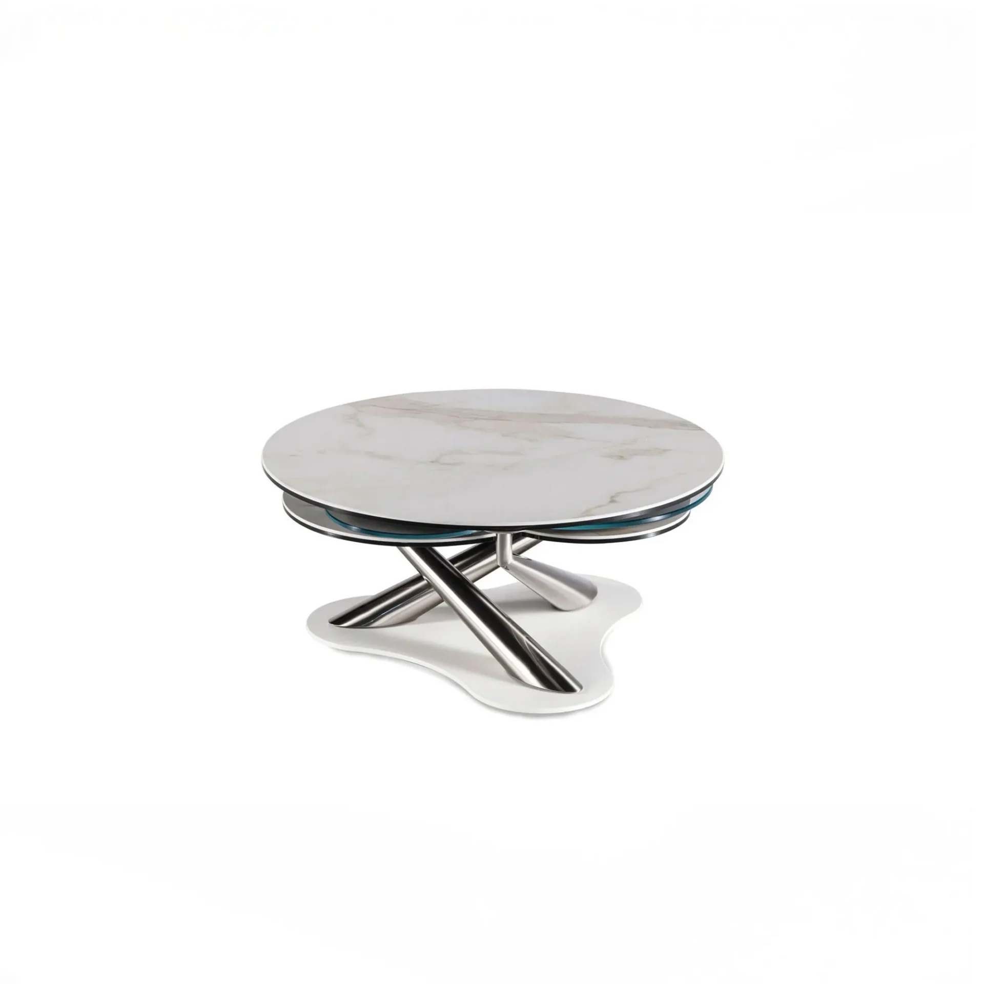 A modern round coffee table with a white marble top, layered glass, and a polished chrome X-shaped base on a white background.