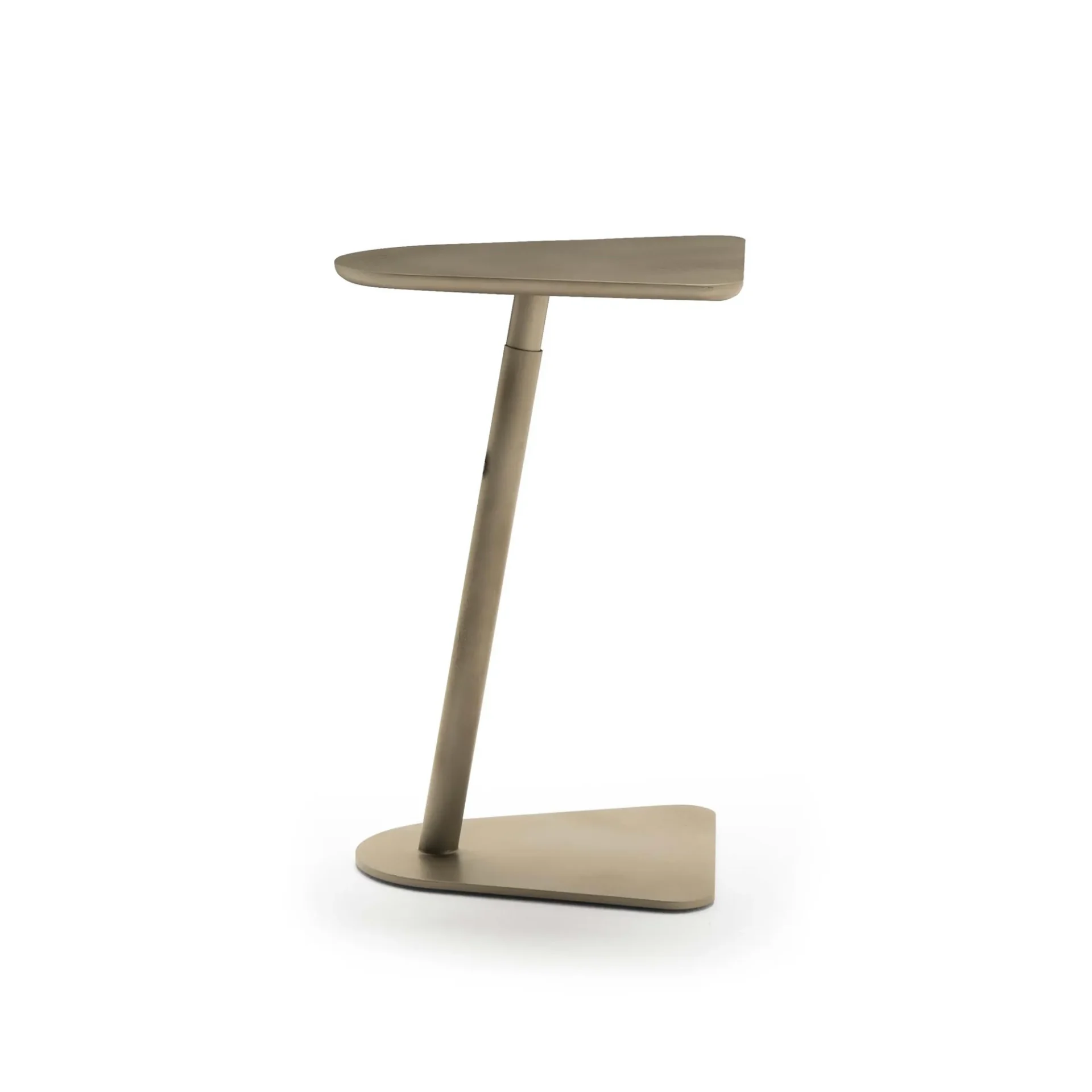 A modern C-shaped side table with a champagne metallic finish, featuring an irregular top and base connected by an angled support.