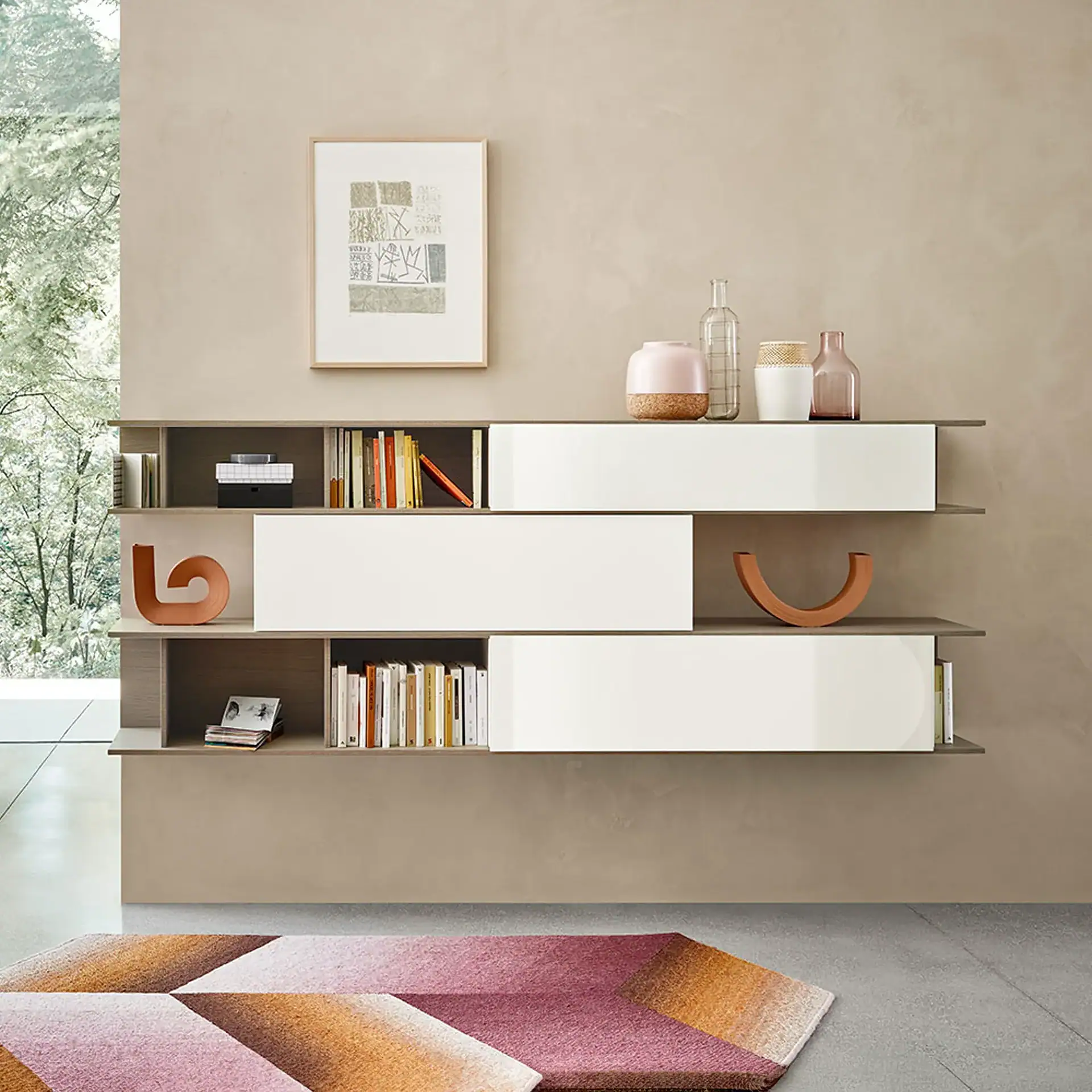 Modern Sangiacomo Alias hanging bookcase with open shelves and decorative accents.