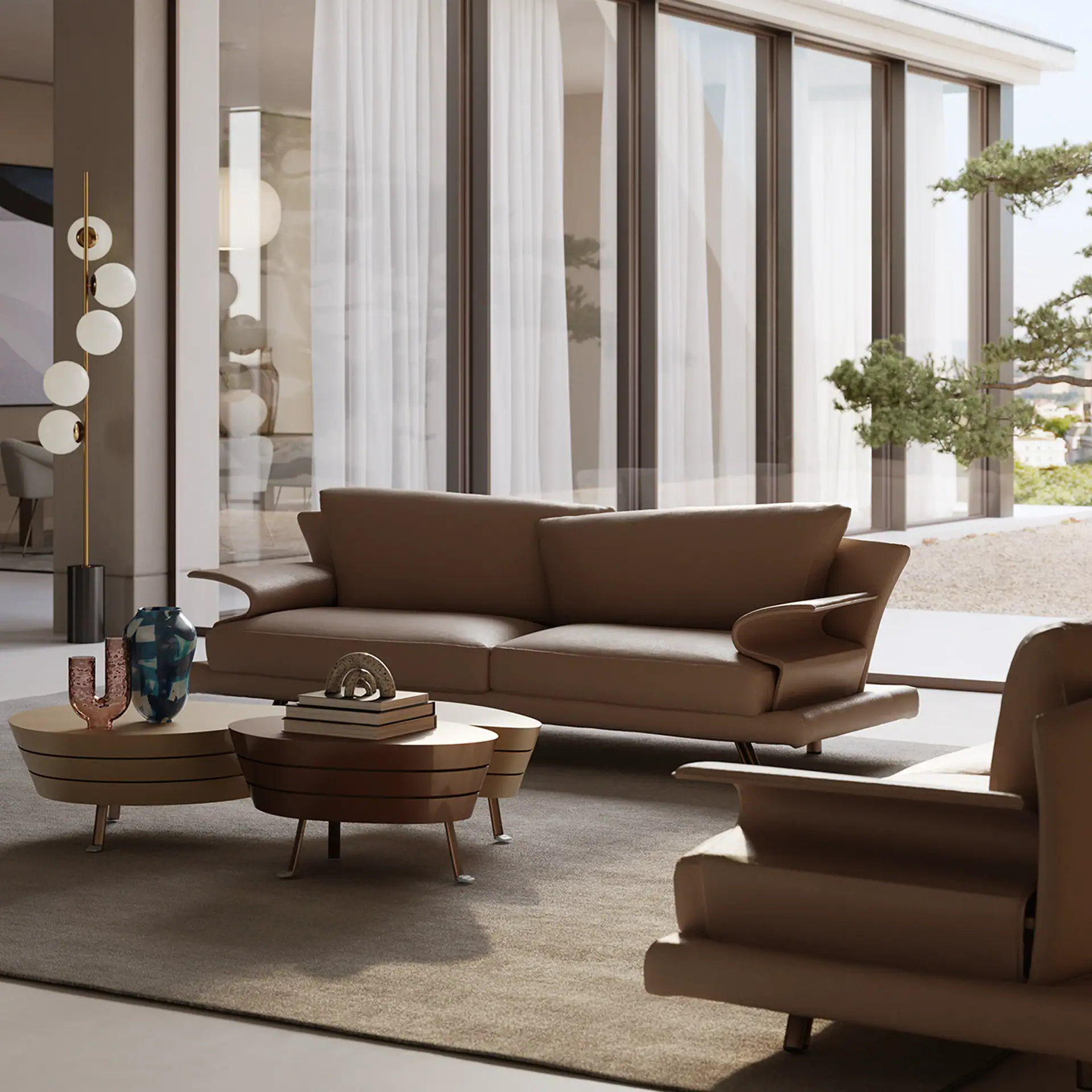 Elegant Super Roy sofa in a contemporary living space with large windows and stylish decor.