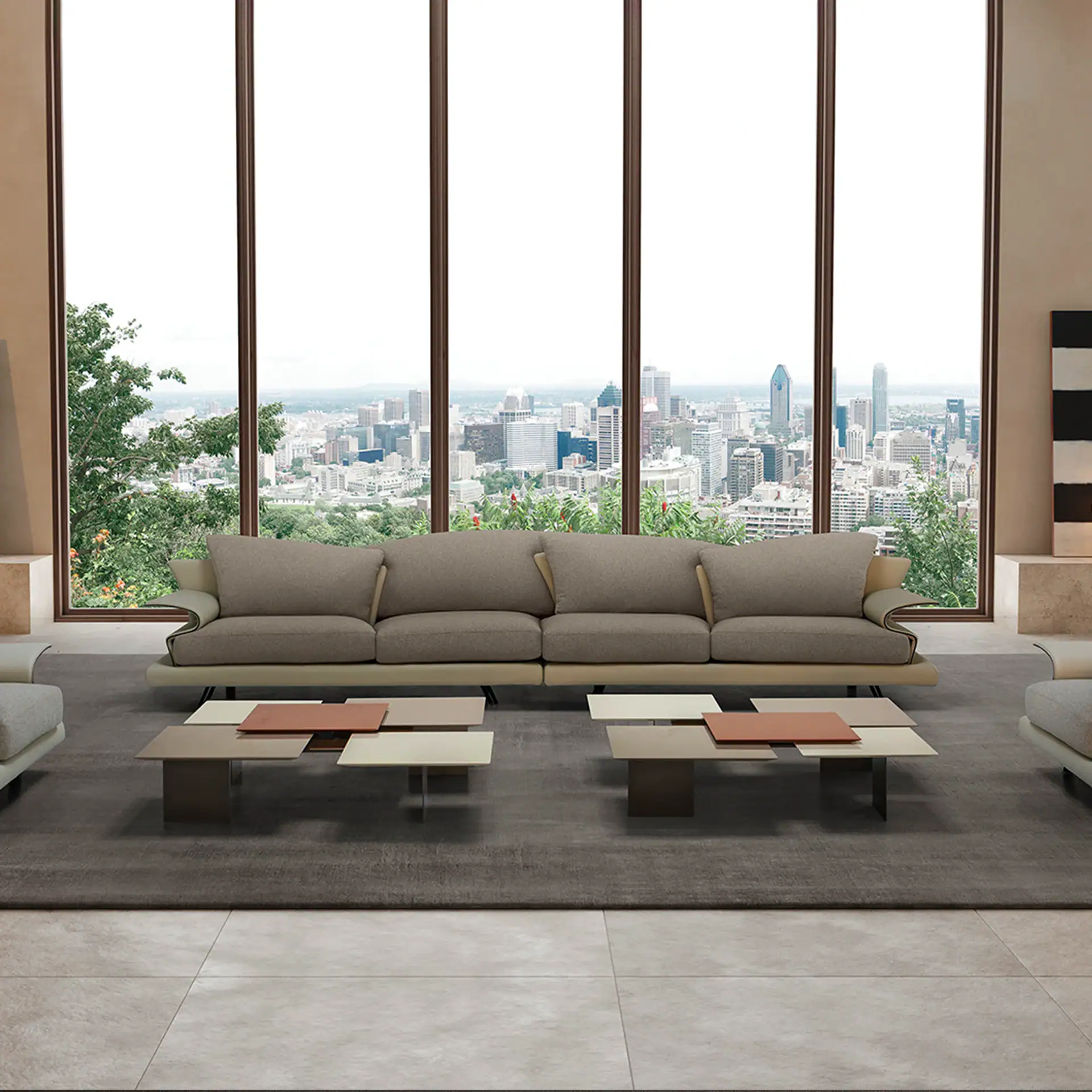 Elegant Super Roy Sofa with a city view backdrop, perfect for contemporary living spaces.