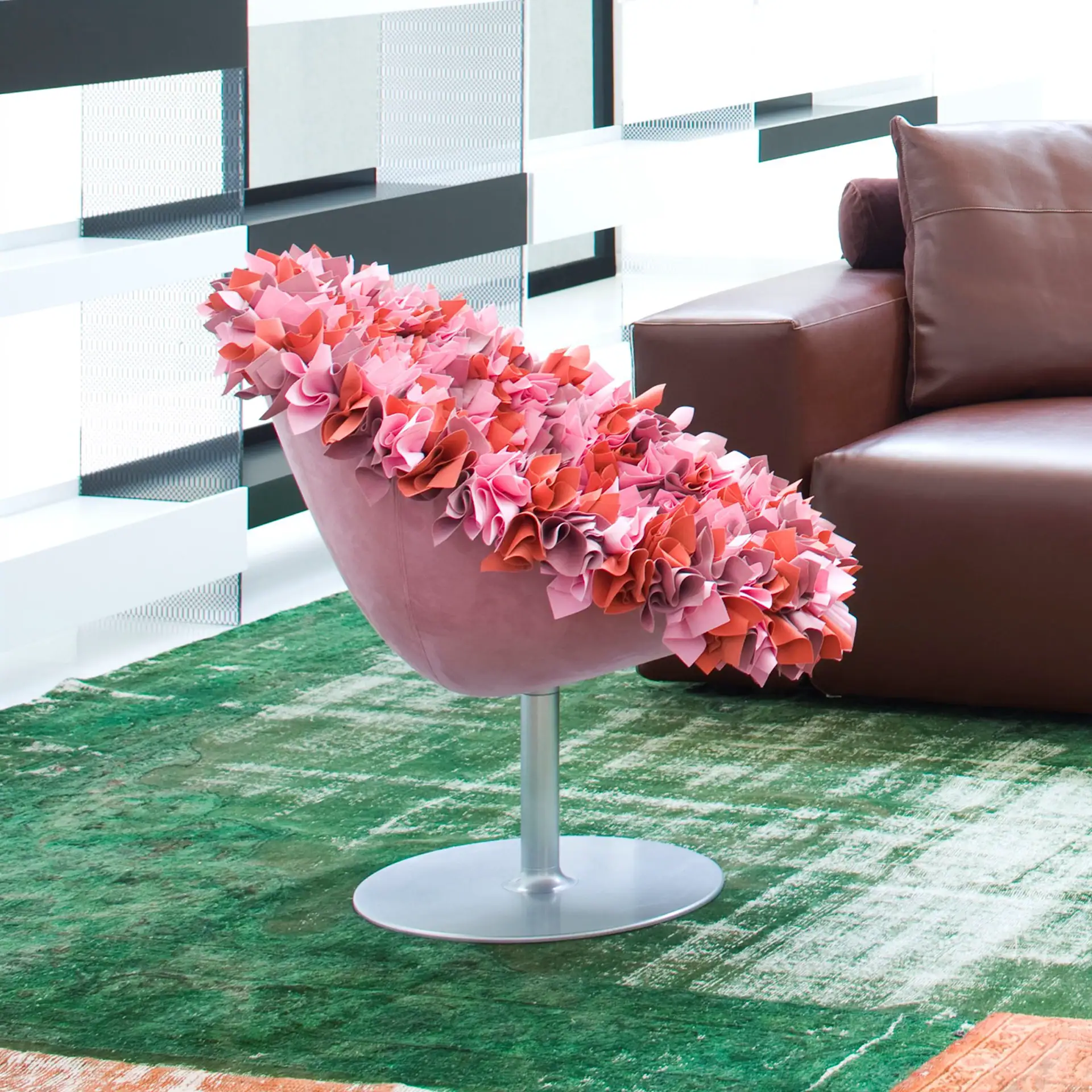 Elegant Bouquet Swivel Armchair with floral fabric design.