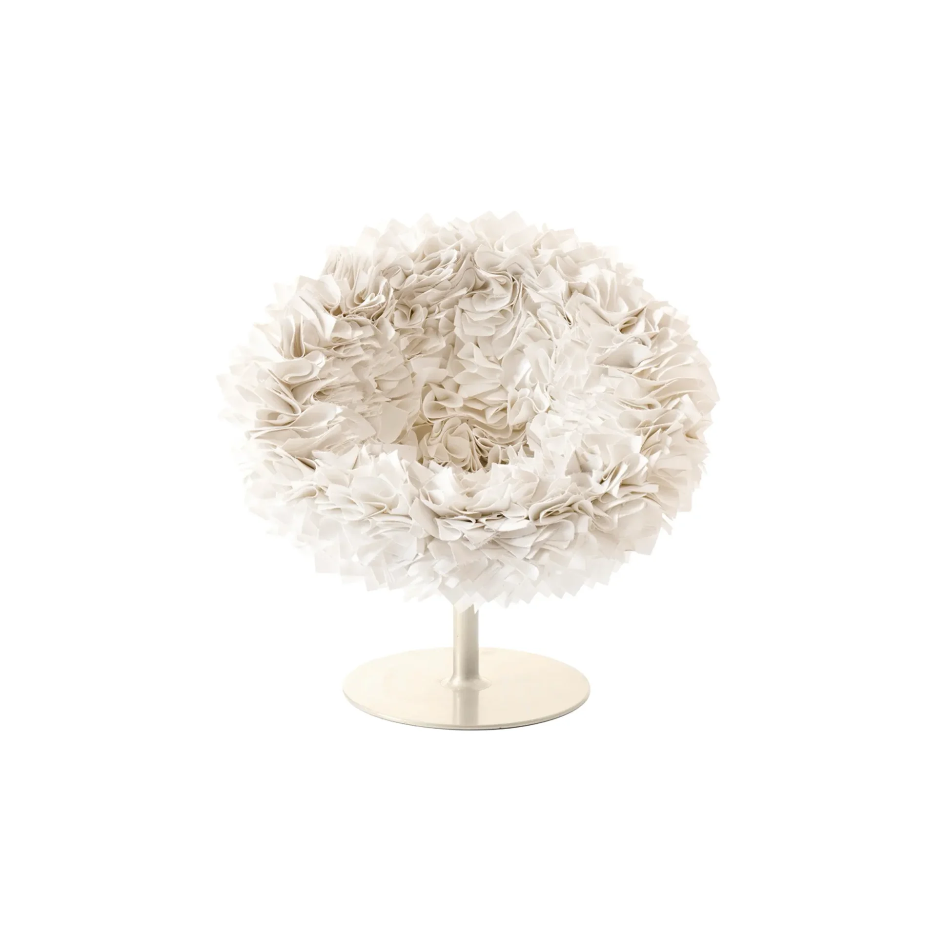 A spherical chair covered in layers of ruffled, off-white fabric, sitting on a light-colored pedestal base, against a white background.