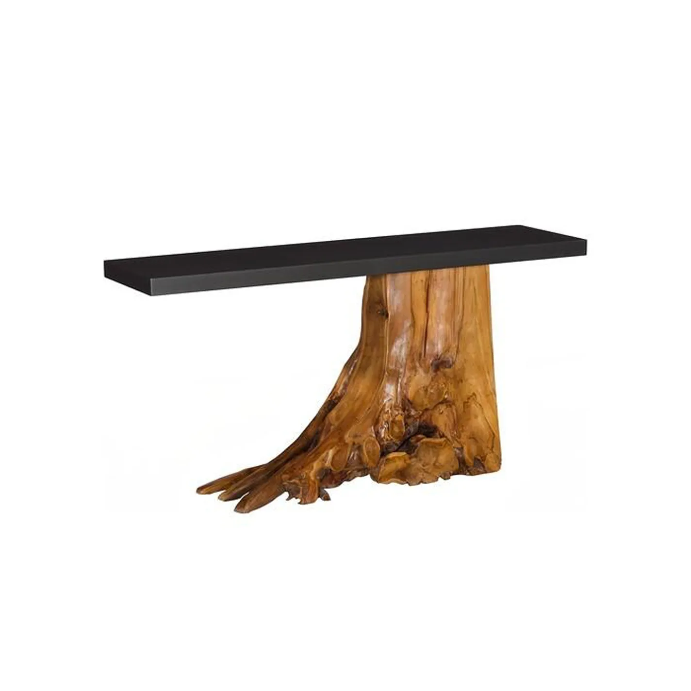 A console table with a natural, gnarled light brown wood stump base and a long, rectangular matte black tabletop.