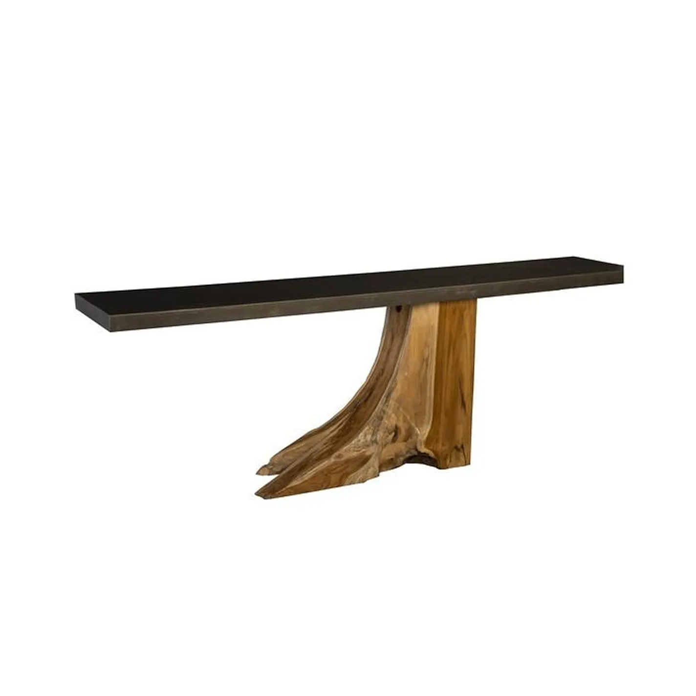 A console table with a long, dark rectangular top and a natural, gnarled wood root base, set against a white background.