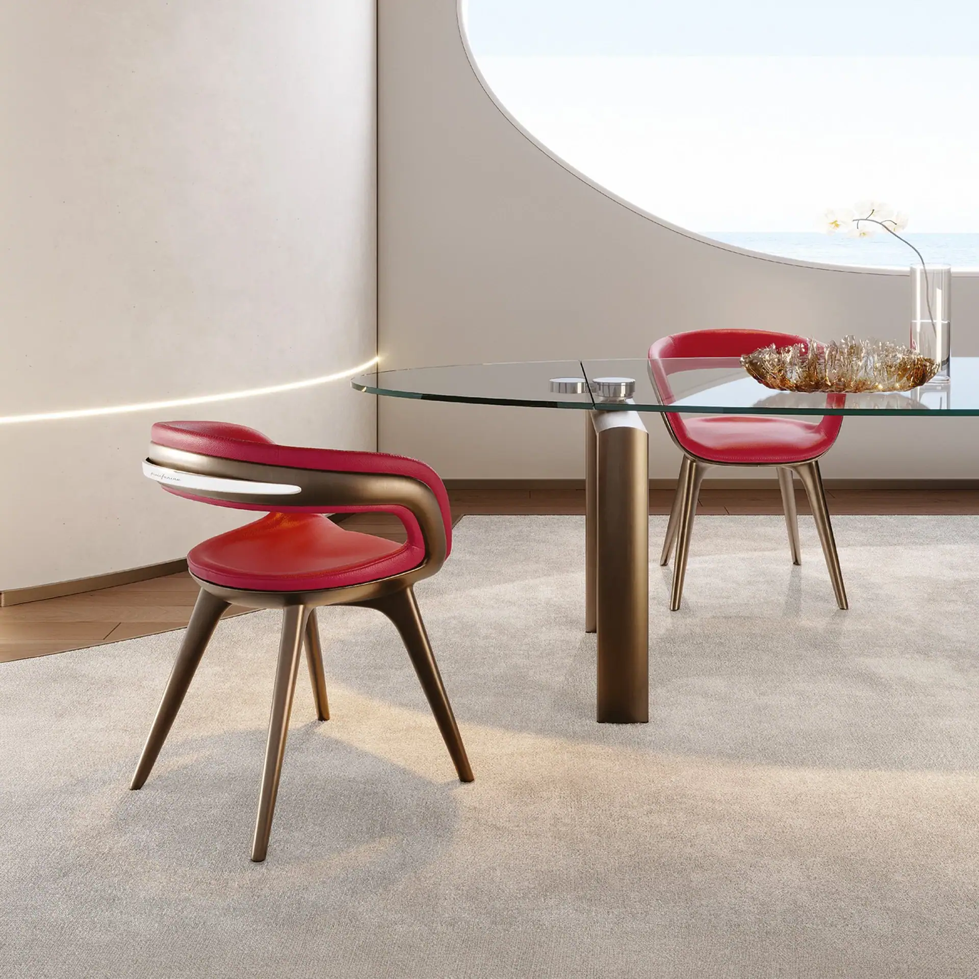Modern Nido dining armchair with red upholstery and wooden legs.