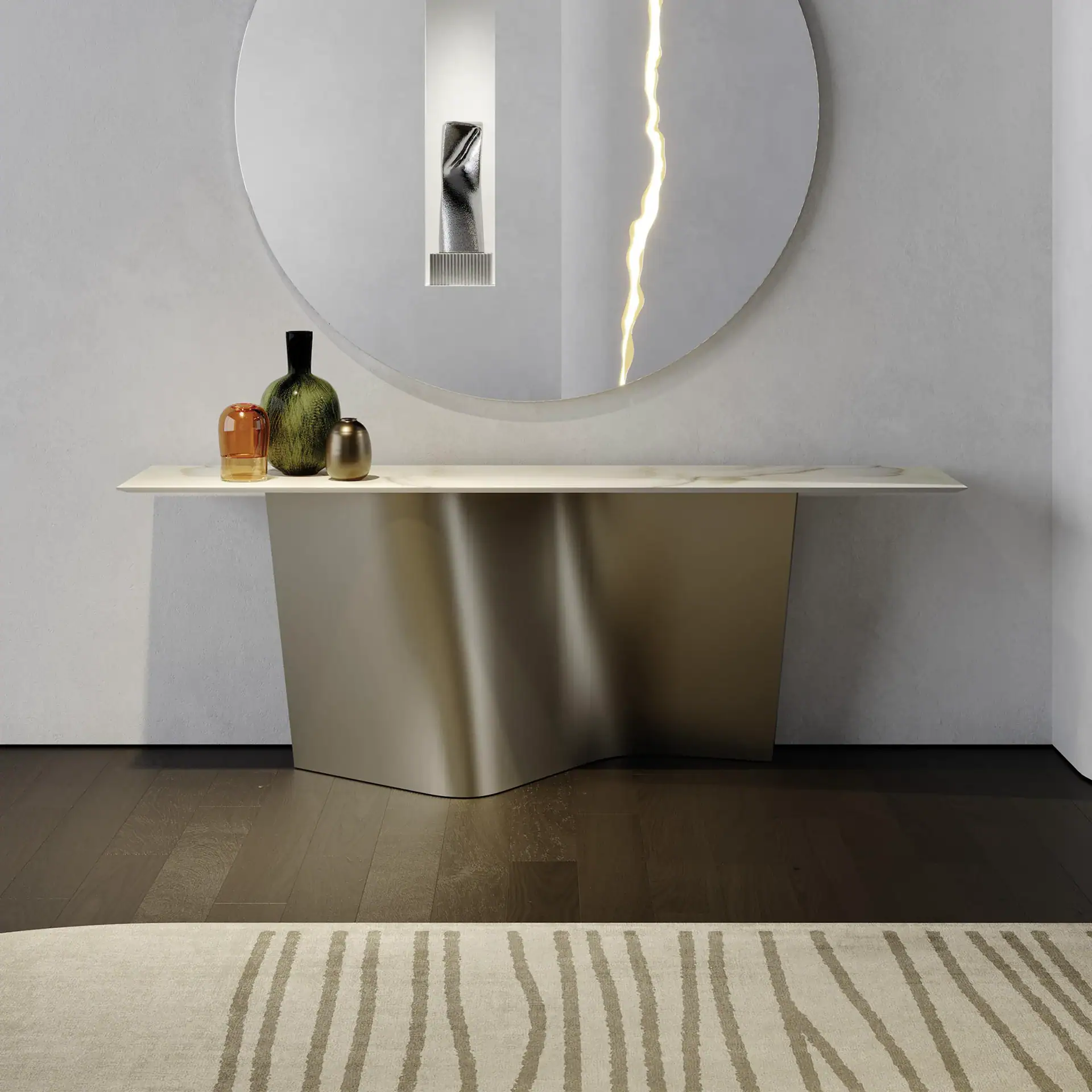 Elegant metallic finish Esse console table in contemporary home decor setting.