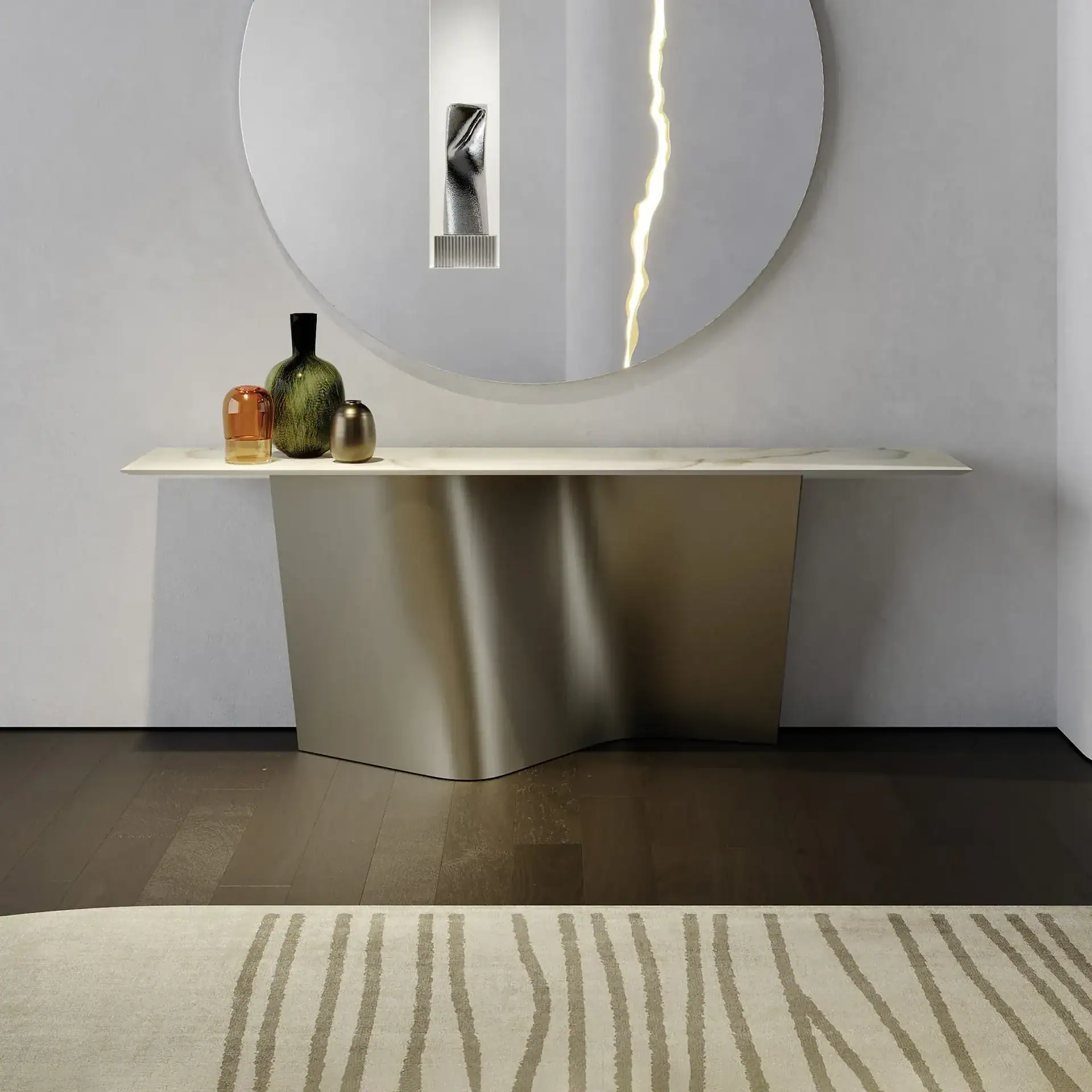 Elegant metallic finish Esse console table in contemporary home decor setting.